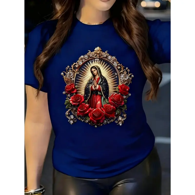 pure cotton,multiple colors available, fashionable new design with the Virgin Mary praying for me pattern print among roses, new women's printed round neck short sleeve casual T-shirt, suitable for spring, summer, and autumn, gift for sisters or wife