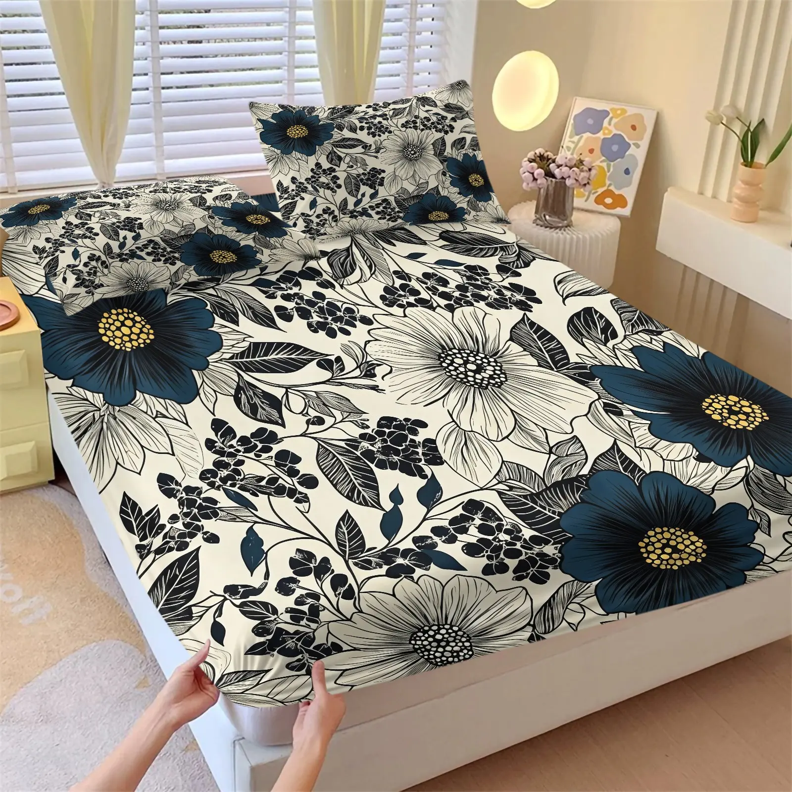 Vintage Navy Botanical Floral Fitted Sheet Set, Line Art Flower Bed Sheets Set, Soft Breathable Cozy Bedding Set, Farmhouse Style Decor for Teens Adults Bedroom, 1 Fitted Sheet & 2 Pillowcase, No Filling, Home Bedding Set