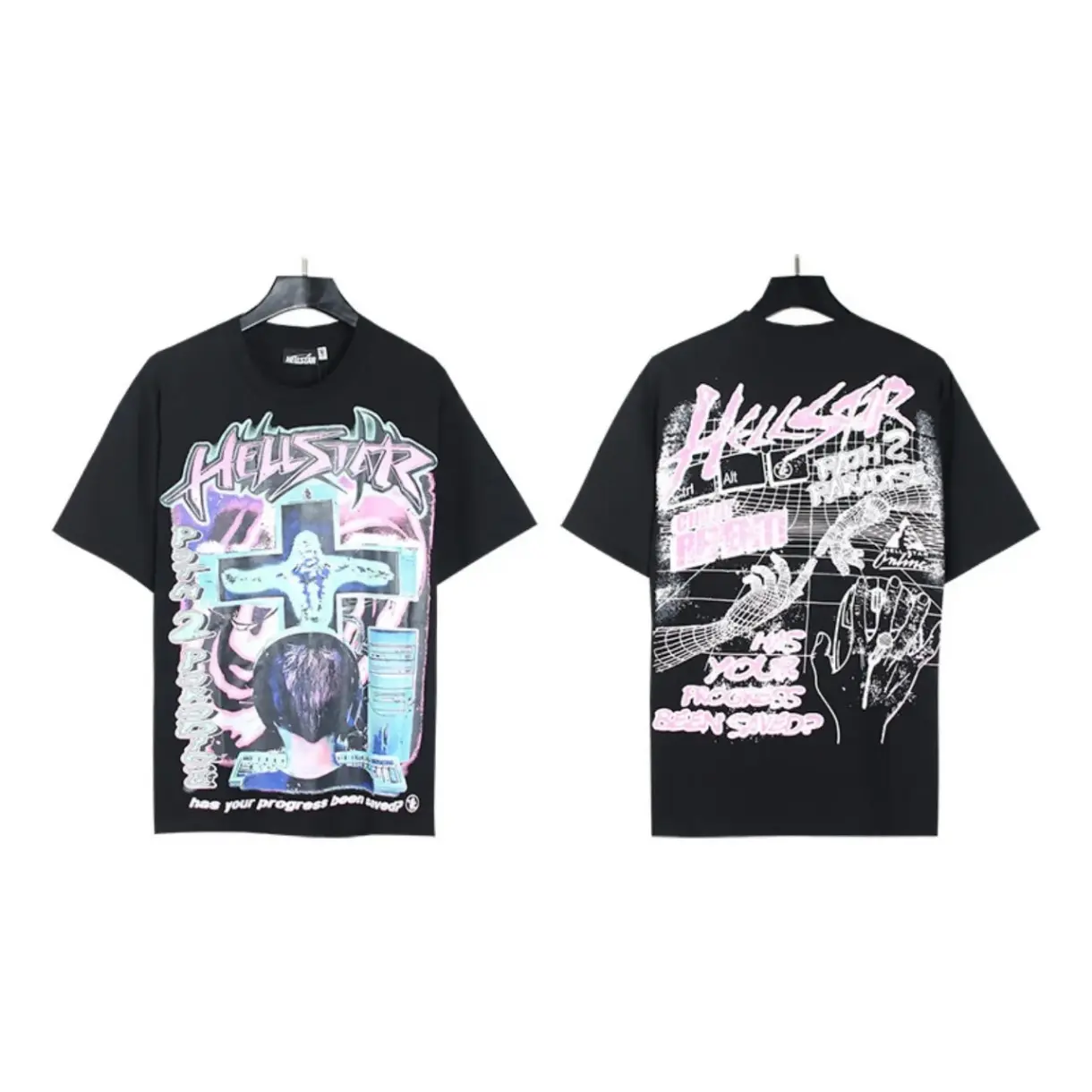 Hellstar Path 2 Paradise Cross Skull Graphic Tee, Vintage White Oversized Cotton T-Shirt, Hand Print Y2K Hip Hop Streetwear Short Sleeve Top, Summer Fashion