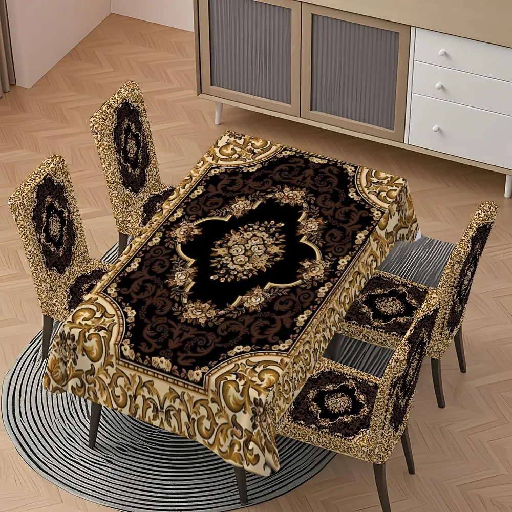 5/7-Piece Gold Classical Pattern Tablecloth Chair Set, Non-Slip Dining Room Decor, Perfect for Home Gatherings, Restaurants, Parties