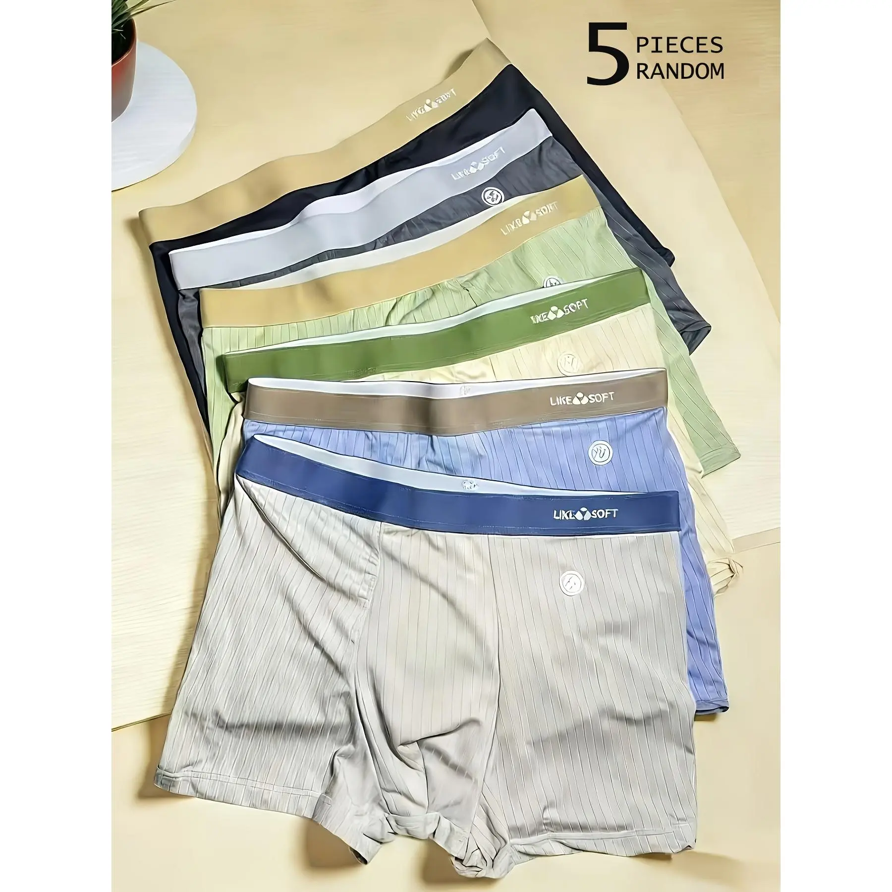 random  5pcs Men's Boxers Striped Texture N Logo Elastic Waist Breathable Soft Stretch Mid-Rise Underwear