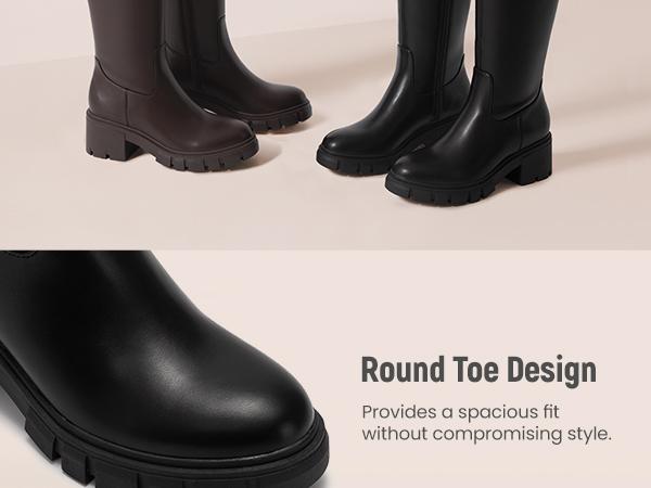 Athlefit Platform Knee High Boots for Women Round Toe Chunky Lug Sole Tall Boots with Side Zipper Black Walking Shoes