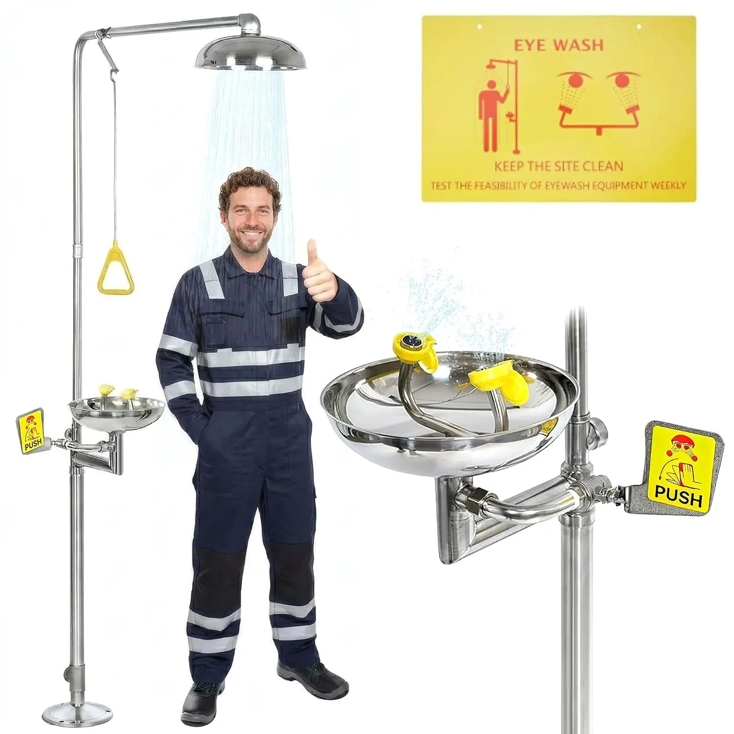 lukar Emergency Shower Eye Wash Station, 304 Stainless Steel Eye Wash and Shower Station, 90" H Combination Eye Wash Shower Station for Industrial & Commercial Use, with Eyewash Sign & NPT Threads