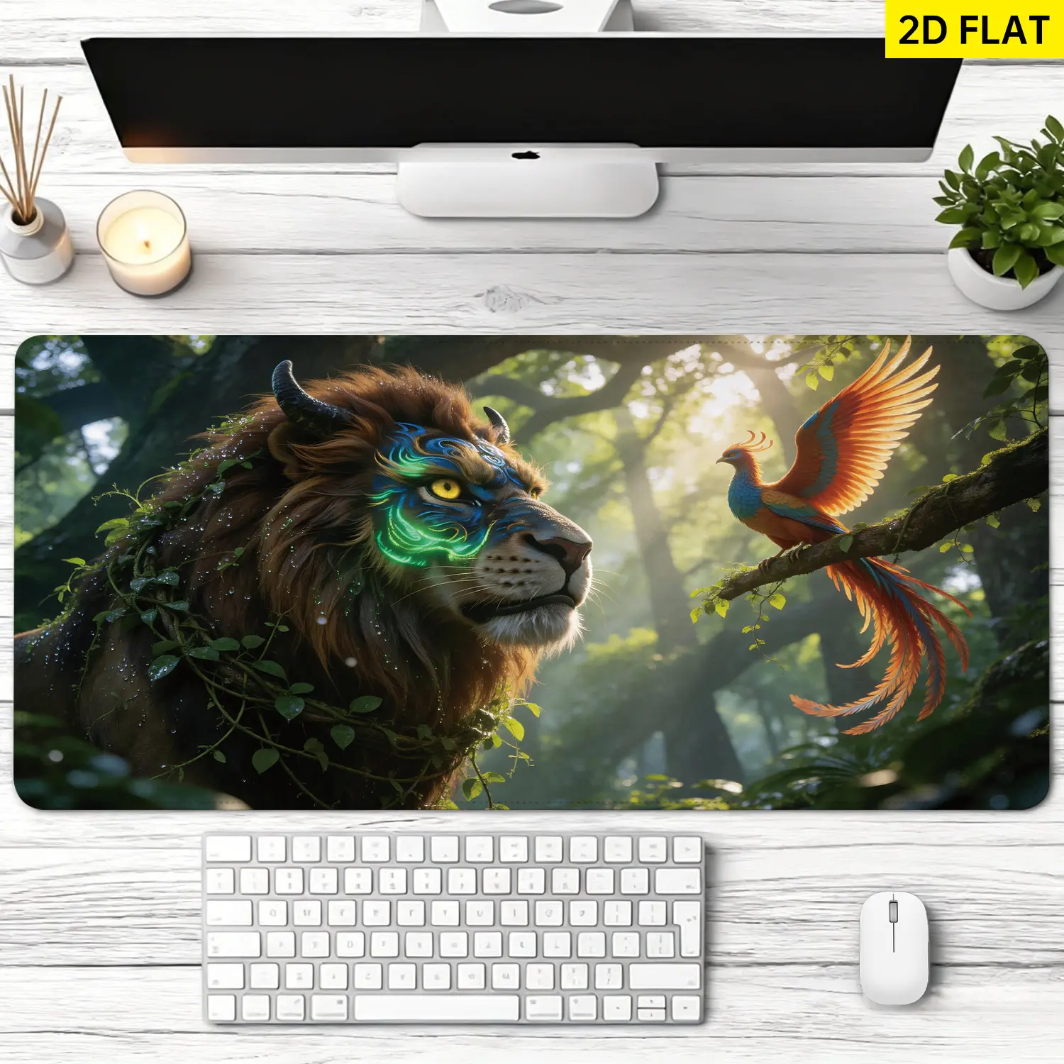 Extra Large mystical lion and phoenix forest Mouse Pad,Non Slip Rubber Pad,Desktop Decoration Drotection Pad,Washable,Lock Edge Multi Size,Premium Multipurpose Mousepad For Office,Gaming Desk,Gift for Family and Friends