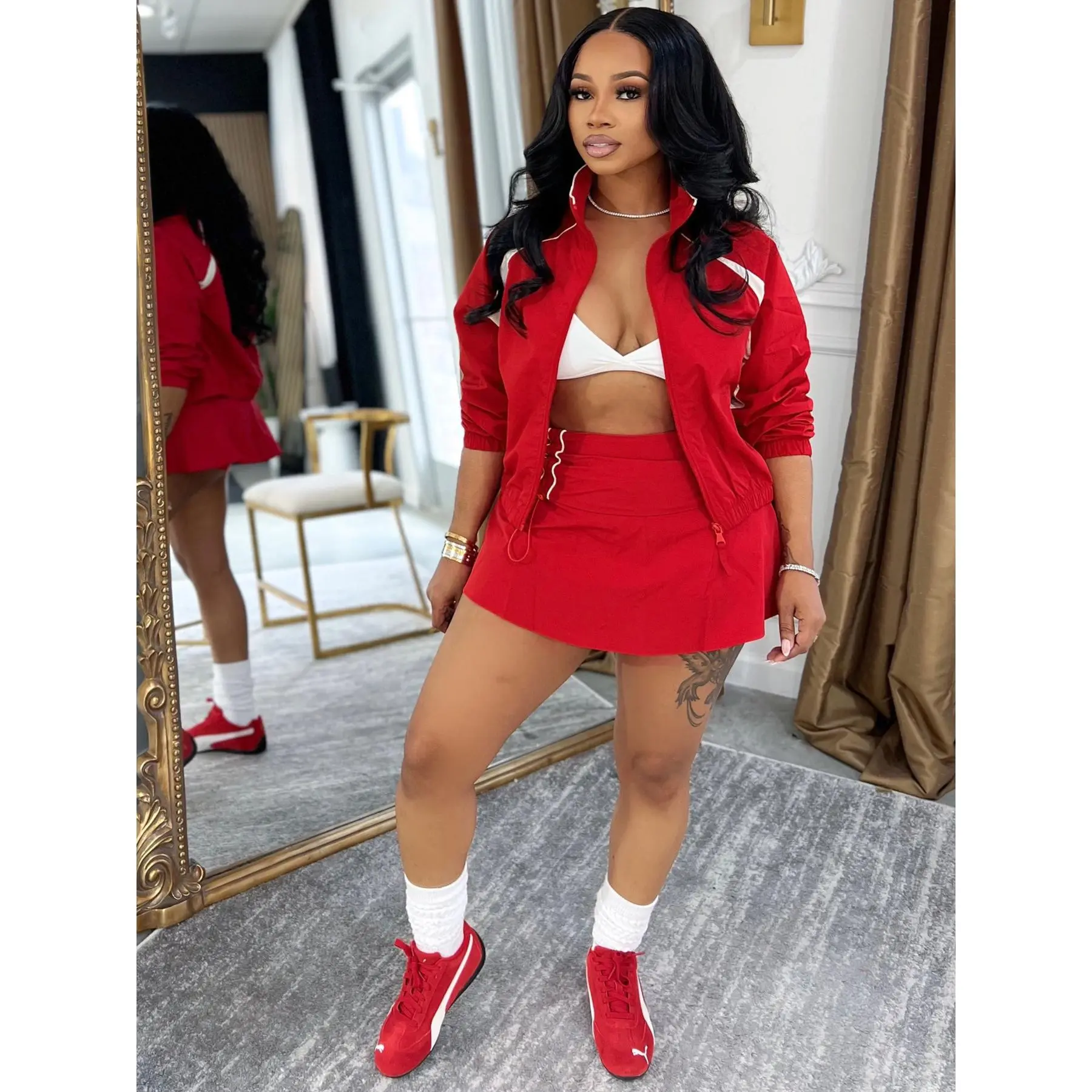 Women's Color‑Block Long‑Sleeve Stand‑Collared Jacket & Skort 2‑Piece Sports Casual Outfit, Full‑Zip Stand‑Collar Windbreaker Jacket and High‑Waist Mini Skirt Set for Sporty Street Daily Wear