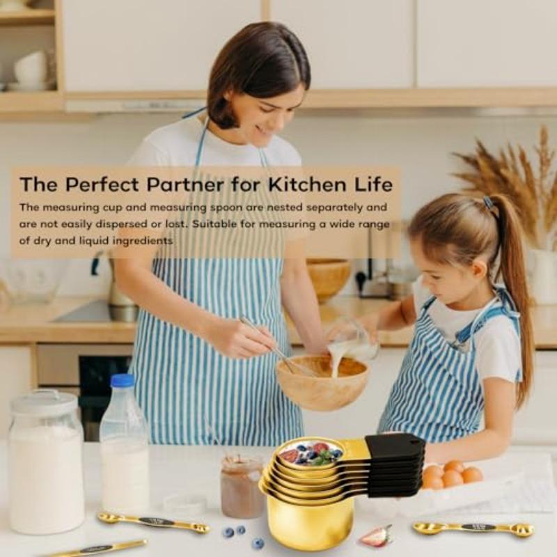 Magnetic Measuring Cups and Spoons Set Including 7 Stainless Steel Nesting Golden Measuring Cups and 8 Magnetic Golden Measuring Spoons with 1 Leveler for Cooking and Baking