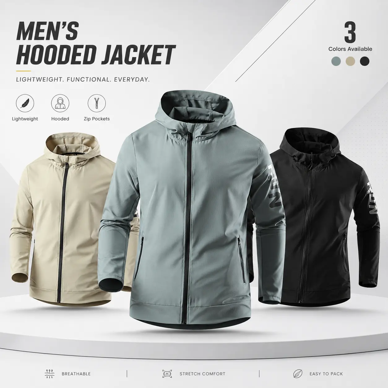 Men's Lightweight Zip Up Hooded Jacket Quick Dry Athletic Running Windbreaker