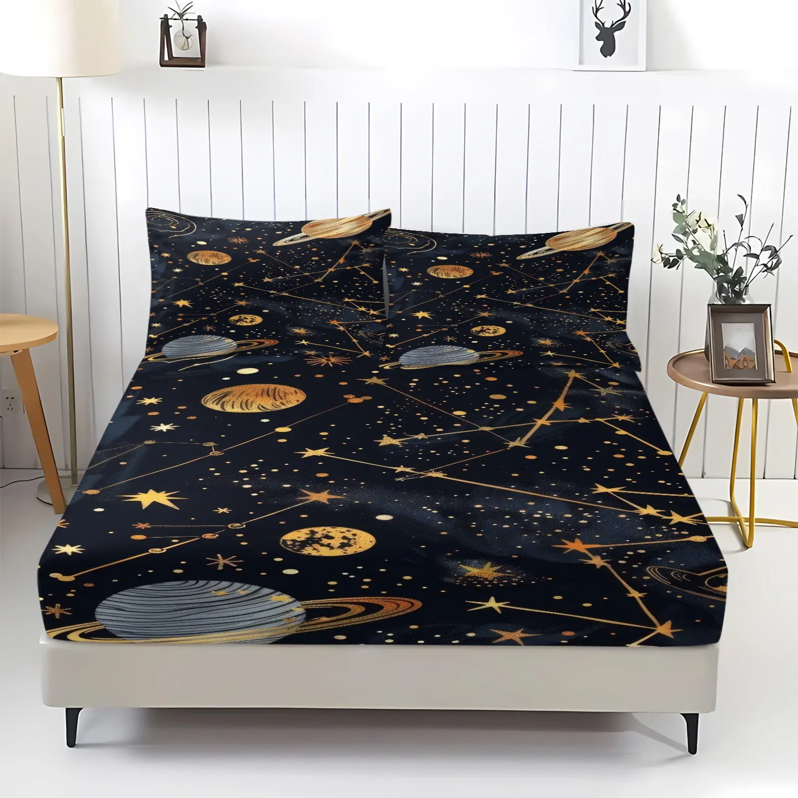 3pcs Galaxy Planet Print Fitted Sheet Set (Includes 1 Fitted Sheet And 2 Pillowcases; No Filler). Celestial Bed Sheet Set With High-Definition Digital Print, Soft All-Season Bedding, Perfect For Kids Bedroom And Home Decor.