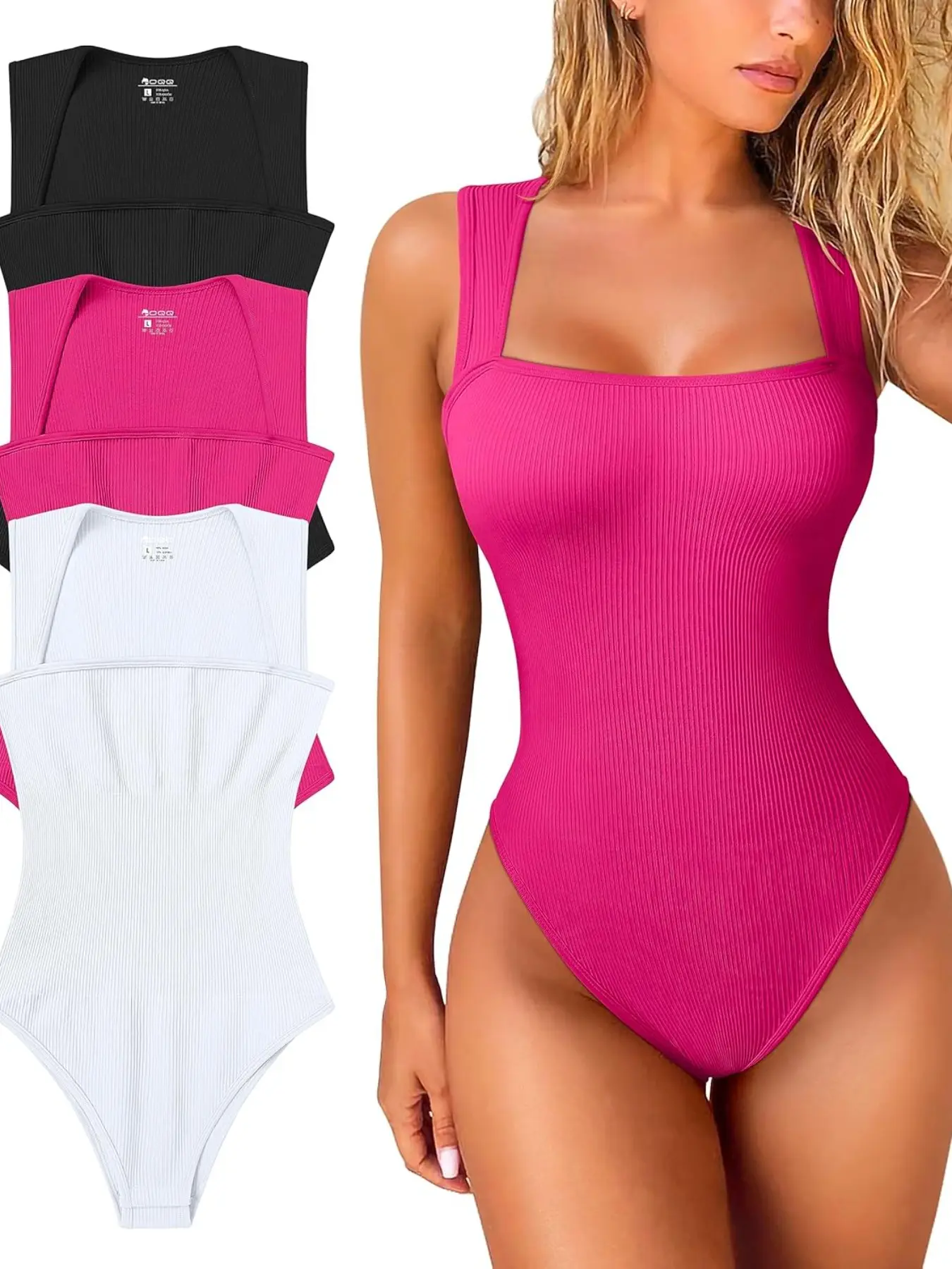 Rib Knit Sleeveless Square Neck Bodysuit, Form Fitting Abdomen, Minimalist Solid Color, Wide Strap Stretch, Y2K, All Seasons