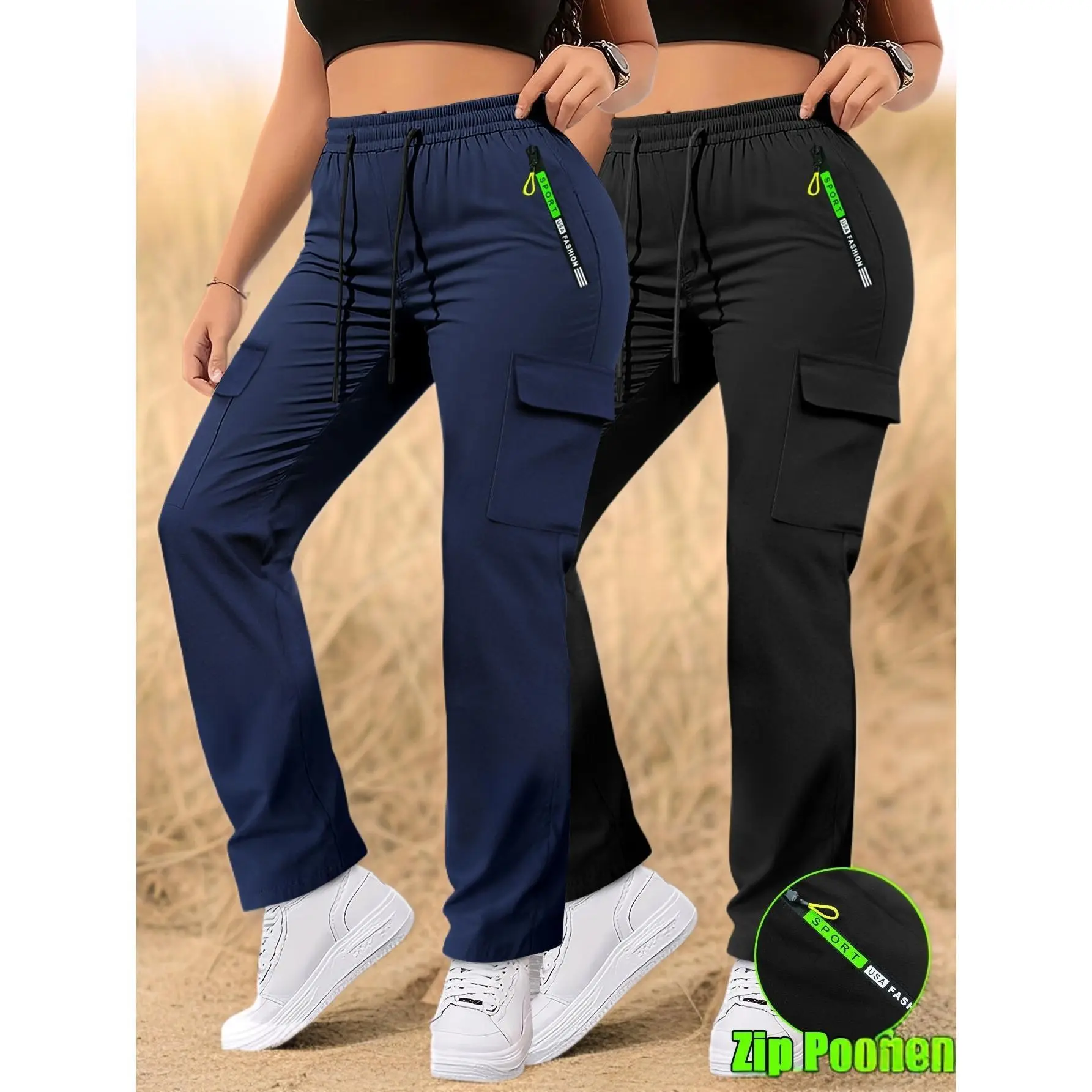 2-Pack Women's Performance Cargo Pants - Quick-Dry Stretch Fabric with Secure Pockets | All-Season Workout & Hiking Pants | Non-See-Through, Breathable & Machine Washable (Black, Athletic Fit)