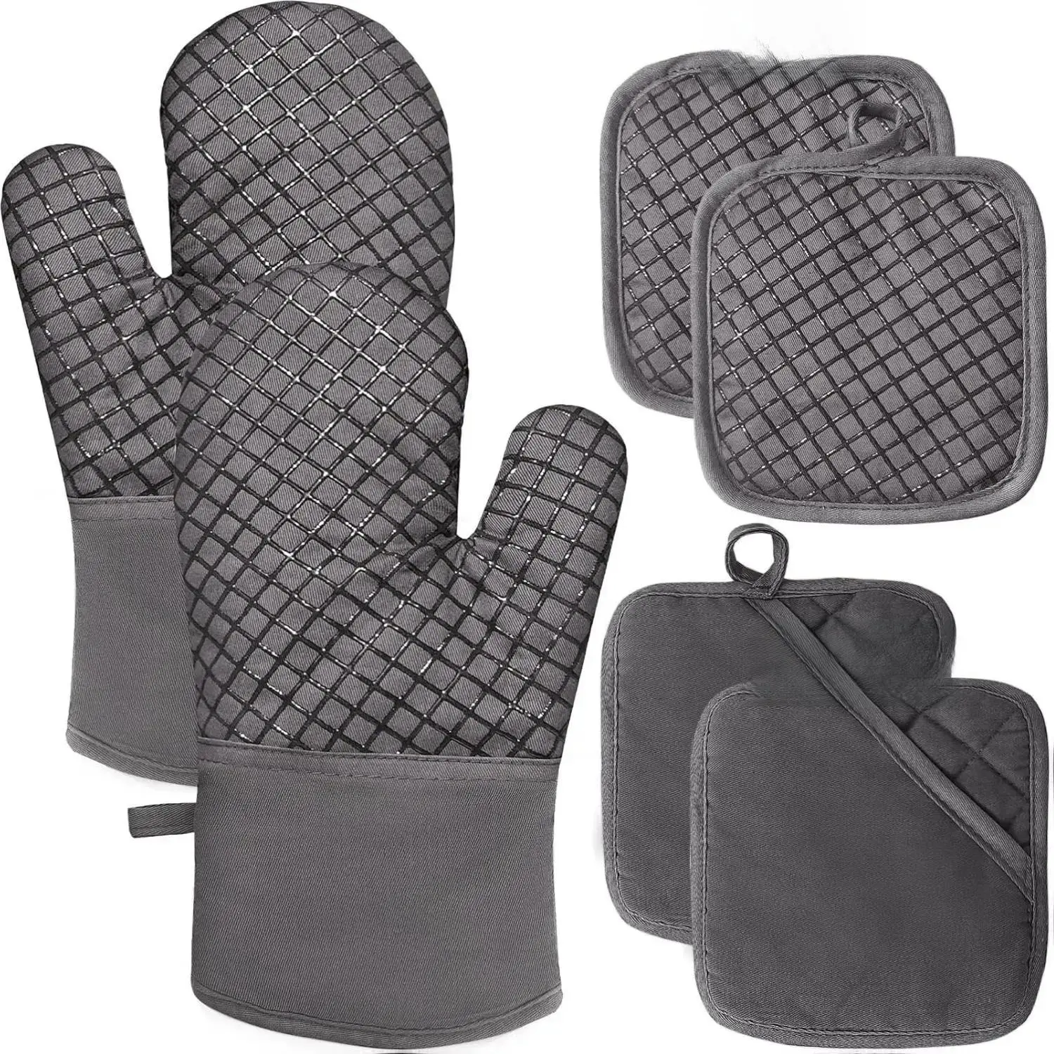 4 Pcs Oven Mitts and Pot Holders,High Heat 500°F Resistant Glove Potholder with Thick Cotton,Silicone Non-Slip Surface Long Kitchen Oven Glove for Cooking Baking Grilling