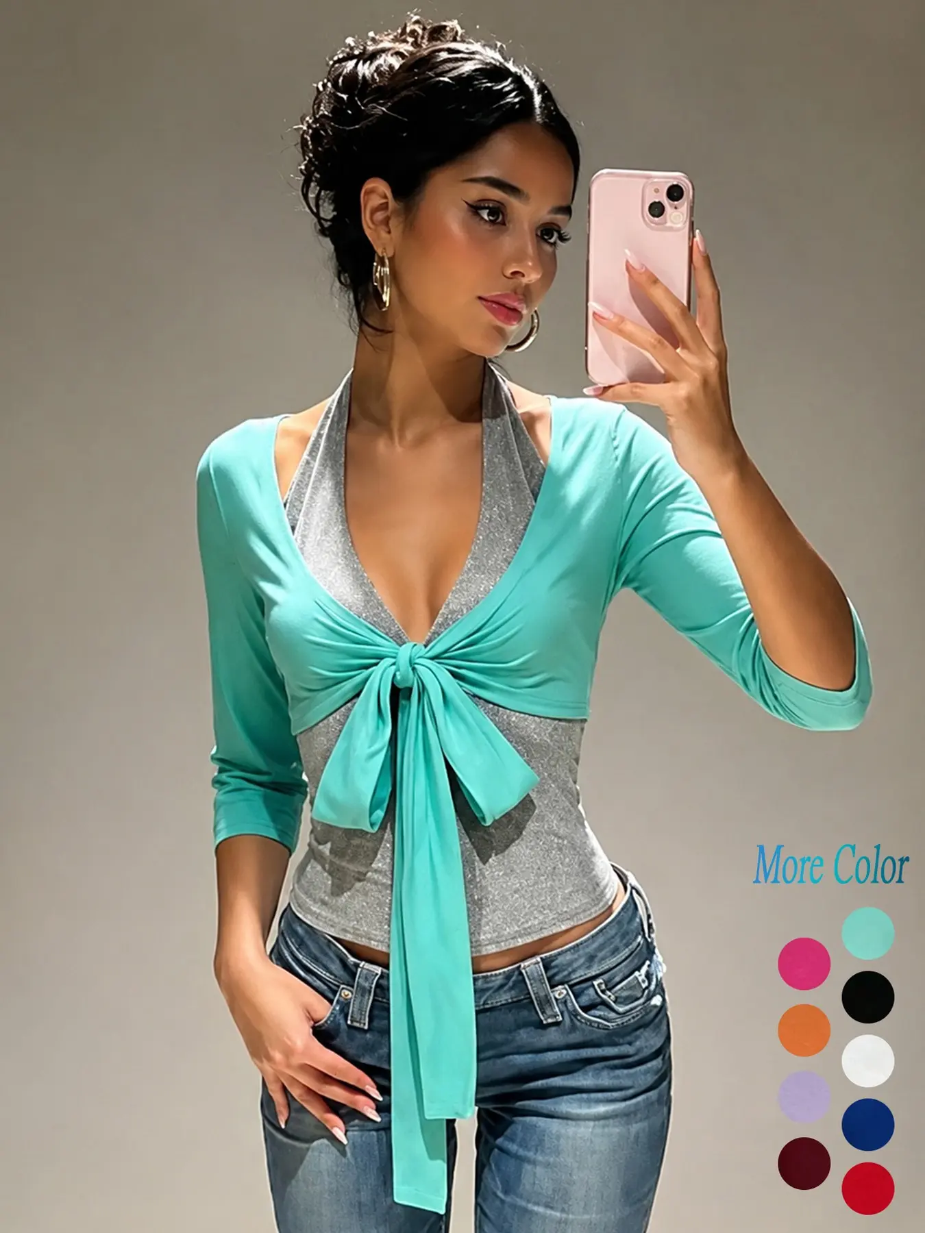American Vintage Front Tie Long Sleeve Crop Top, Bodycon Fitted Top, Women's Casual Solid Deep V Twist Waist Short Sleeve Top, Summer Clothing, Multiple Colors Available