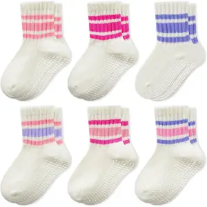 Baby Socks with Grips, 6 Pairs Combed Cotton Seamless Non Slip Crew Socks Infant Toddler Girls Boys 0-5T
