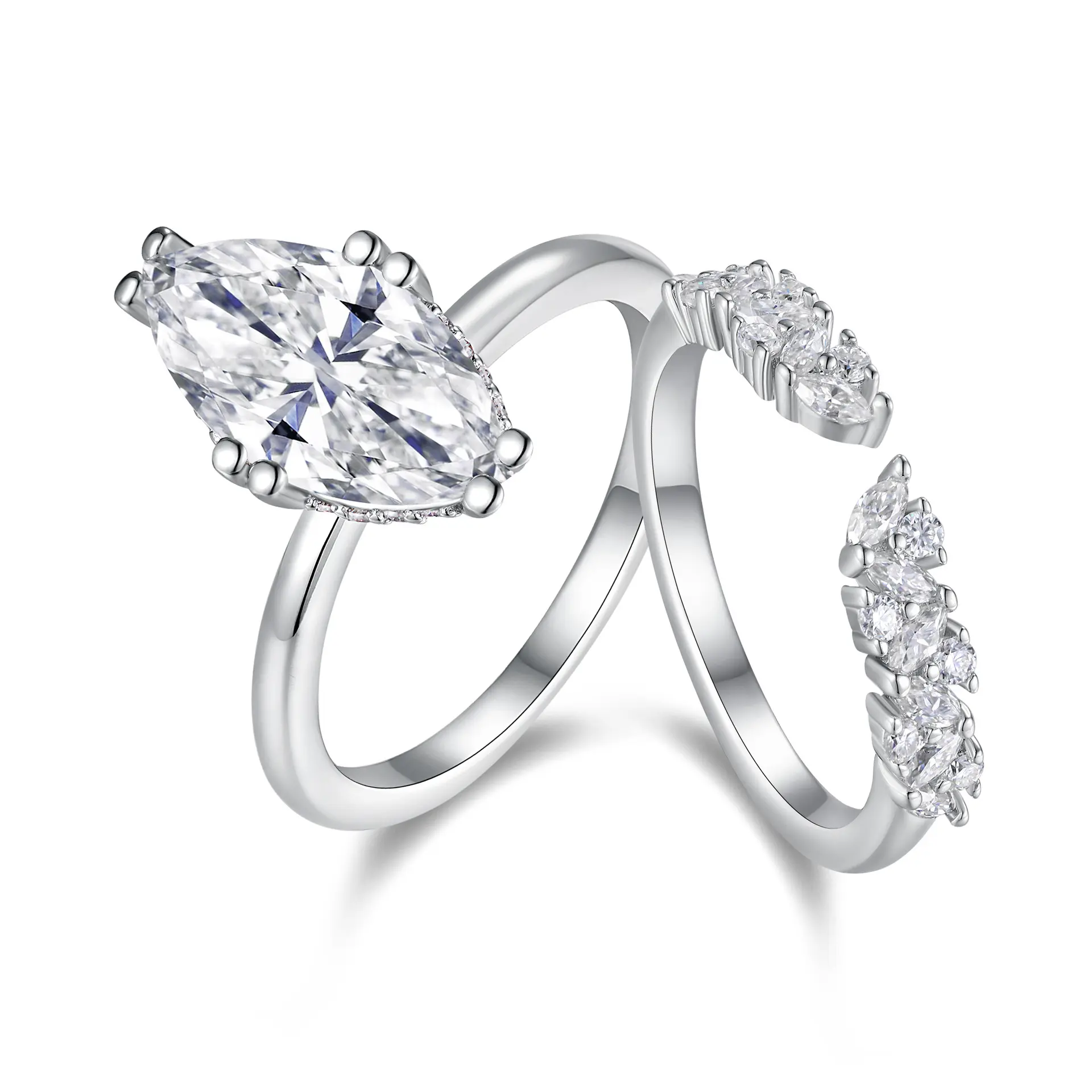 Women's S925 Sterling Silver Platinum-Plated Marquise Moissanite Stackable Wedding Ring Set - Engagement Bands with Tassel Detail, Bridal Statement Ring, Unique Bridal Jewelry Accessory
