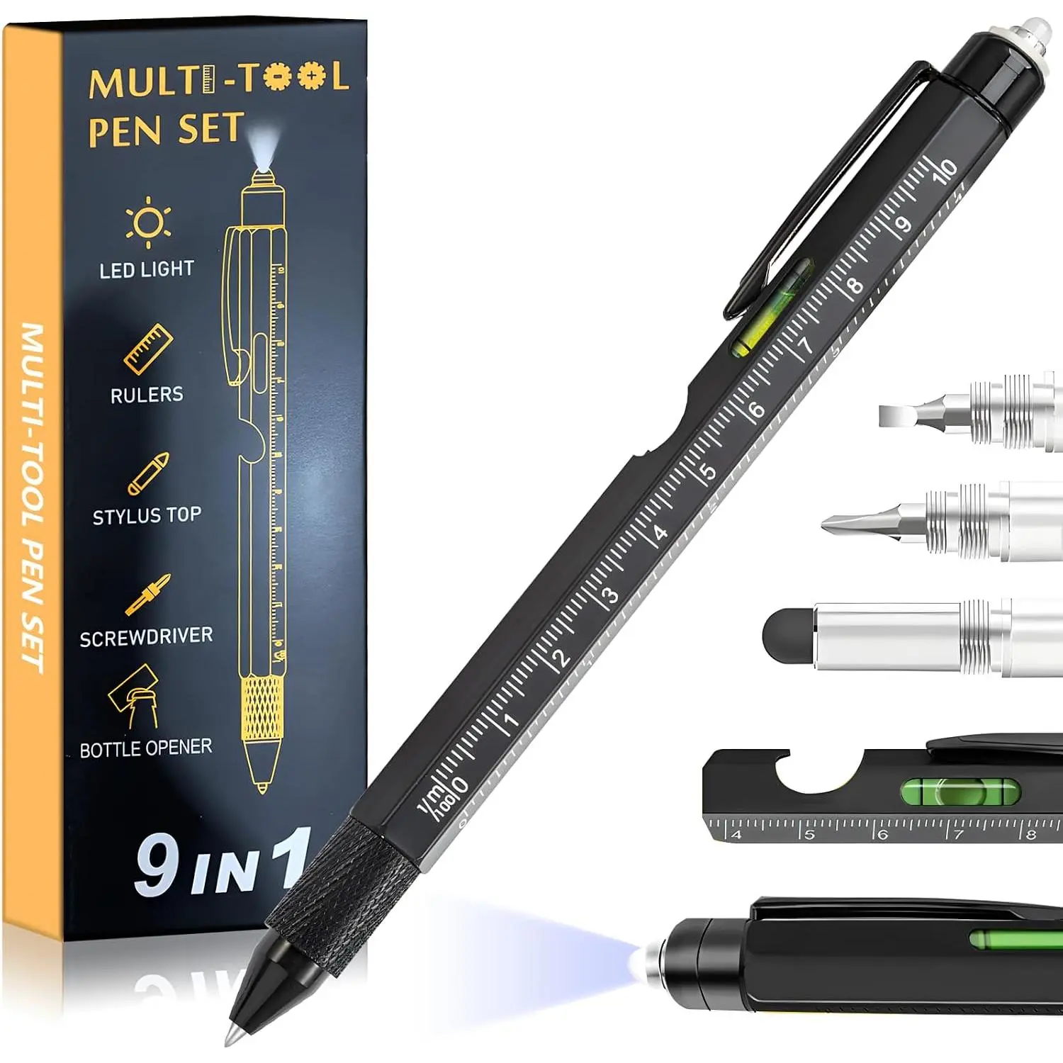 9-in-1 Multitool Pen with LED Light, Ruler, Stylus, Bubble Level, Screwdrivers, Bottle Opener – Office Stationery Gift for Boyfriend (Christmas Stocking Stuffer, Father's Day, Valentine's Day Item with 9 Essential Tools), Husband