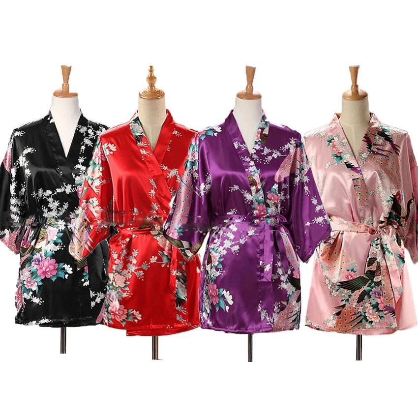 Lace Up Woman Peacock Print Japanese Kimono Yukata Silk Satin Short Style Sleepwear Home Nightgown Bath Robe Costume