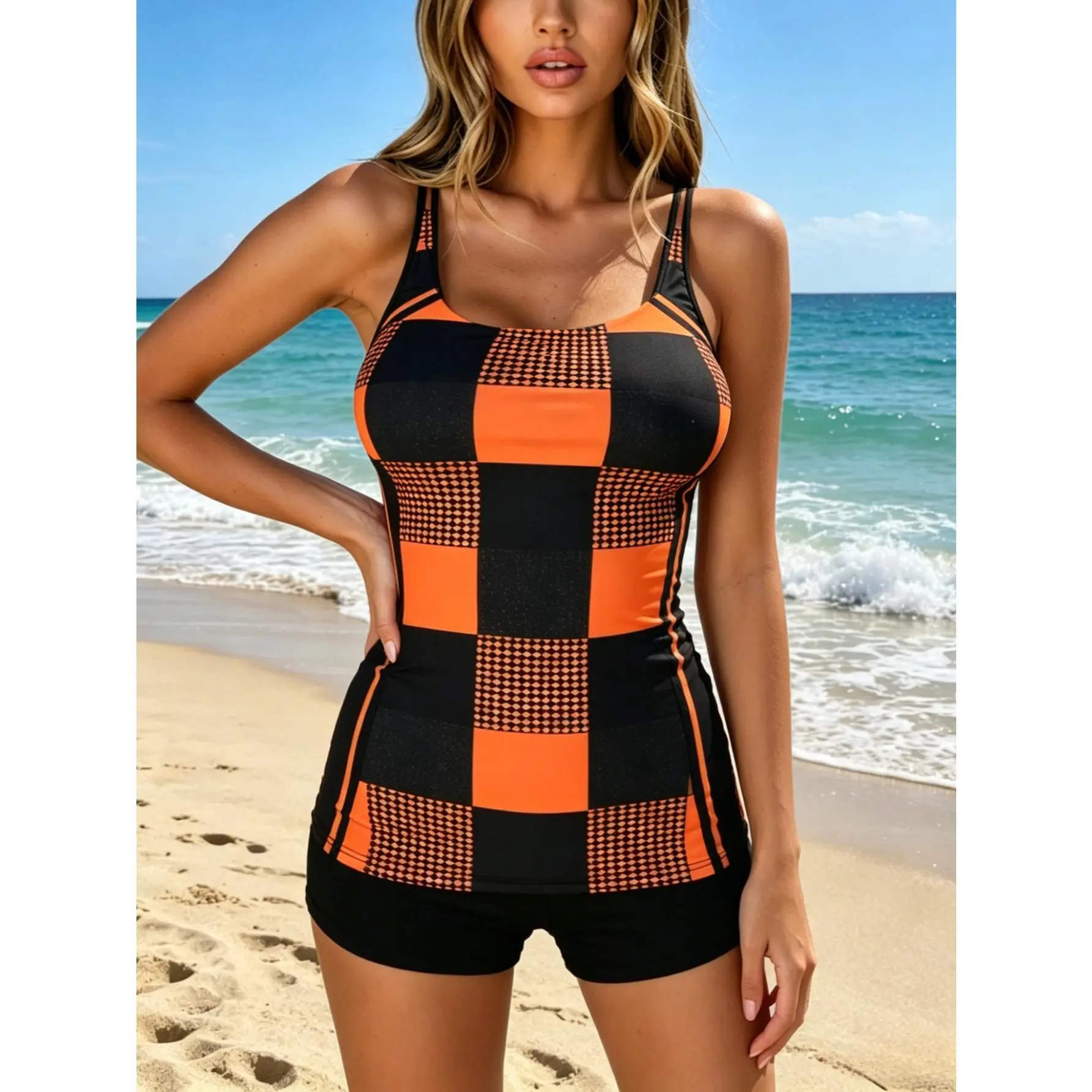 Women's Fashion Two Piece Tankini Swimsuit, Retro Black & Orange Checkered Slimming Tank Top + Solid Black Shorts, Modest Sporty Swimwear,Tummy Control Full Coverage Sporty Modest Bathing Suit for Beach, Pool, Cruise and Tropical Vacation Summer Holiday