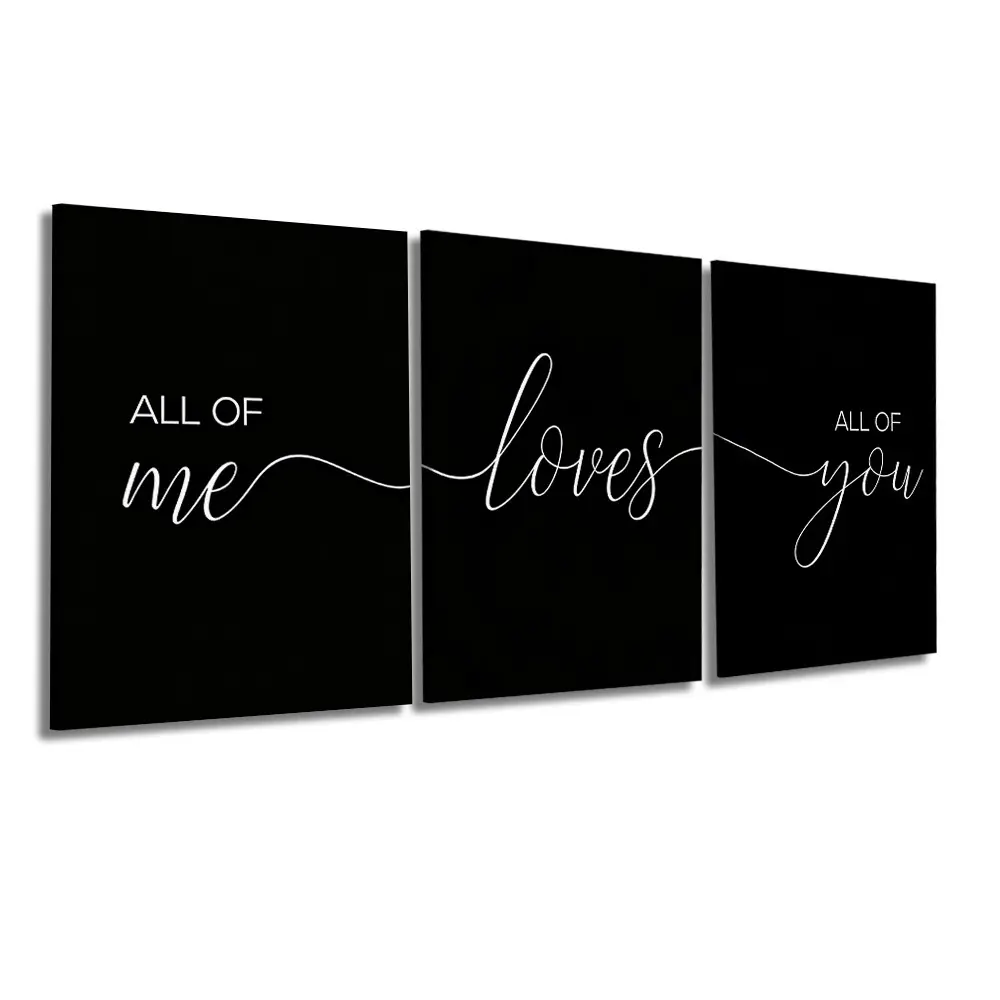 3 Pcs/Set Wooden-Framed Canvas Painting, Solid Black Background Connected White Cursive Love Quote Three Panel Canvas Wall Art Bedroom Wedding Couple Entryway Apartment, Modern Home Decor, Fashion Artistic Ornaments, Artwork