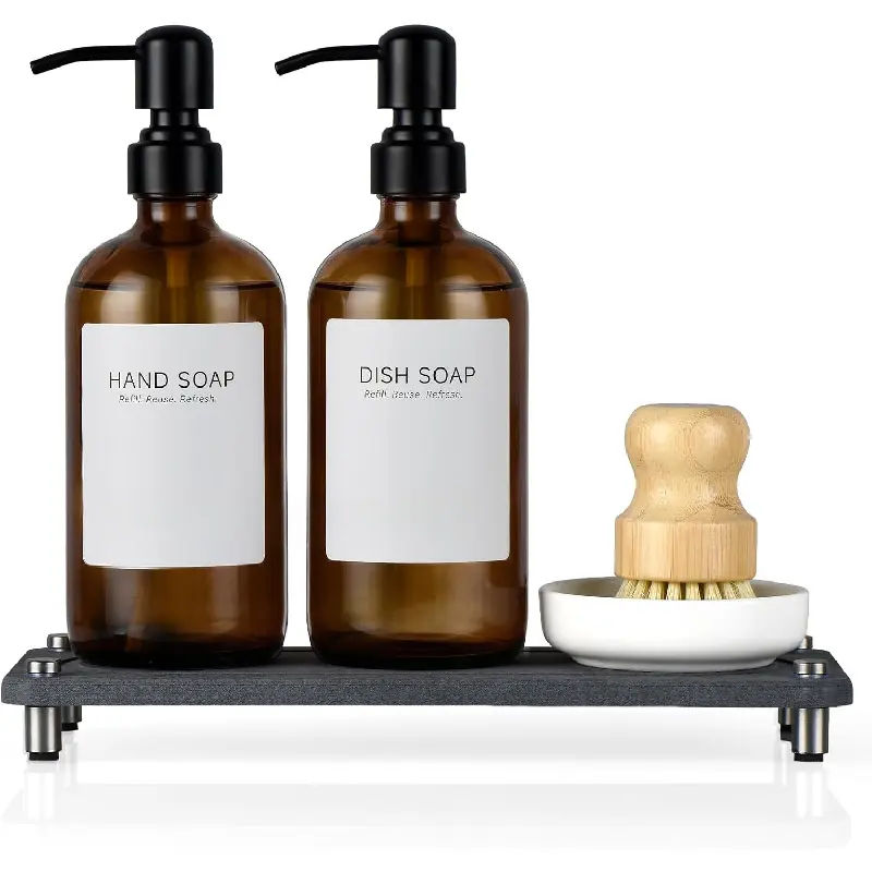 2 Pack Kitchen Soap Dispenser Set - 16oz Amber Glass Dish and Hand Soap Dispenser with Stainless Steel Pump, Instant Dry Tray, Dish Brush & Holder, Refillable Countertop Sink Decor for Kitchen & Bath