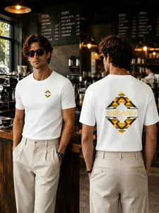 Men's front and back MILANO geometric printed T-shirts, Italian old money quiet luxury leisure, Milan travel, daily commuting, and city office street wear