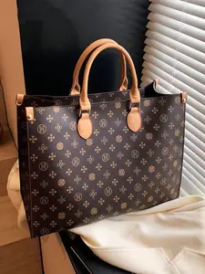 Retro Full Print Monogram Colorblock Large Capacity Tote Handbag, Contrast Camel PU Leather Top Handle Detail Shoulder Bag, Sturdy Structured Shape Fits Laptop, Everyday Laptop Bag, All Seasons Commuter Bag, Versatile Work & Travel Shoulder Bag
