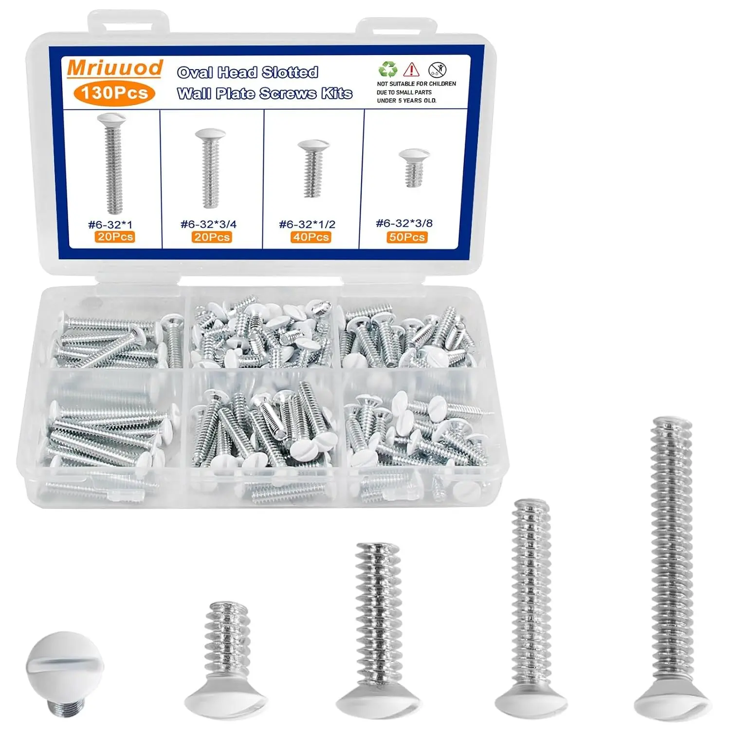 Carbon Steel Slotted Oval Wall Plate Screws Kit (130Pcs), #6-32 Thread Electrical Fasteners with 4 Multi-Length Sizes (3/8", 1/2", 3/4", 1") for Outlet, Light Switch Plates (White, Plastic Box)