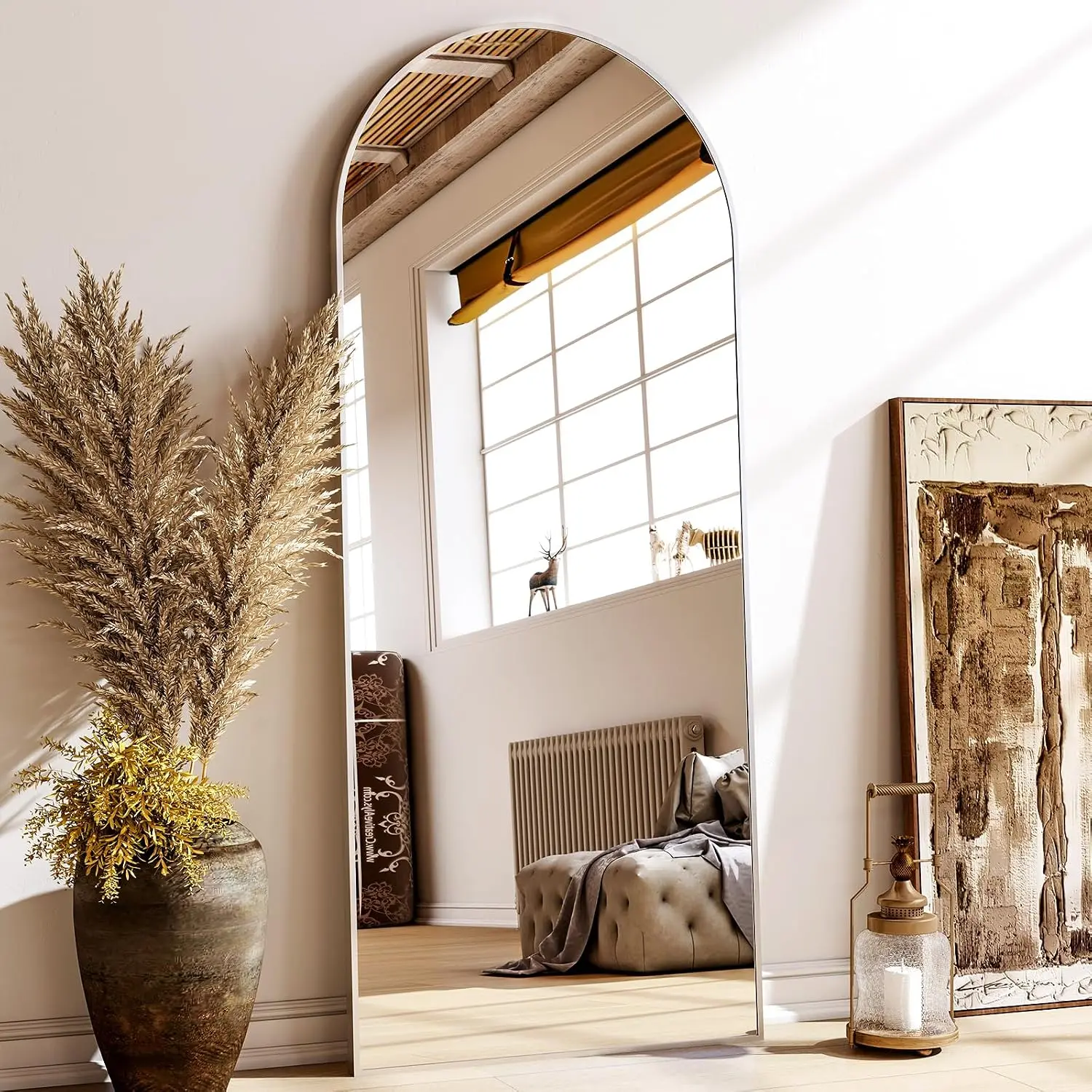 56"x21" Floor Full Length Mirror Standing Full  Rounded Corner Rectangle Mirrors with Stand  Wall Mounted Leaning Bedroom Living Room Bedroom Cloakroom