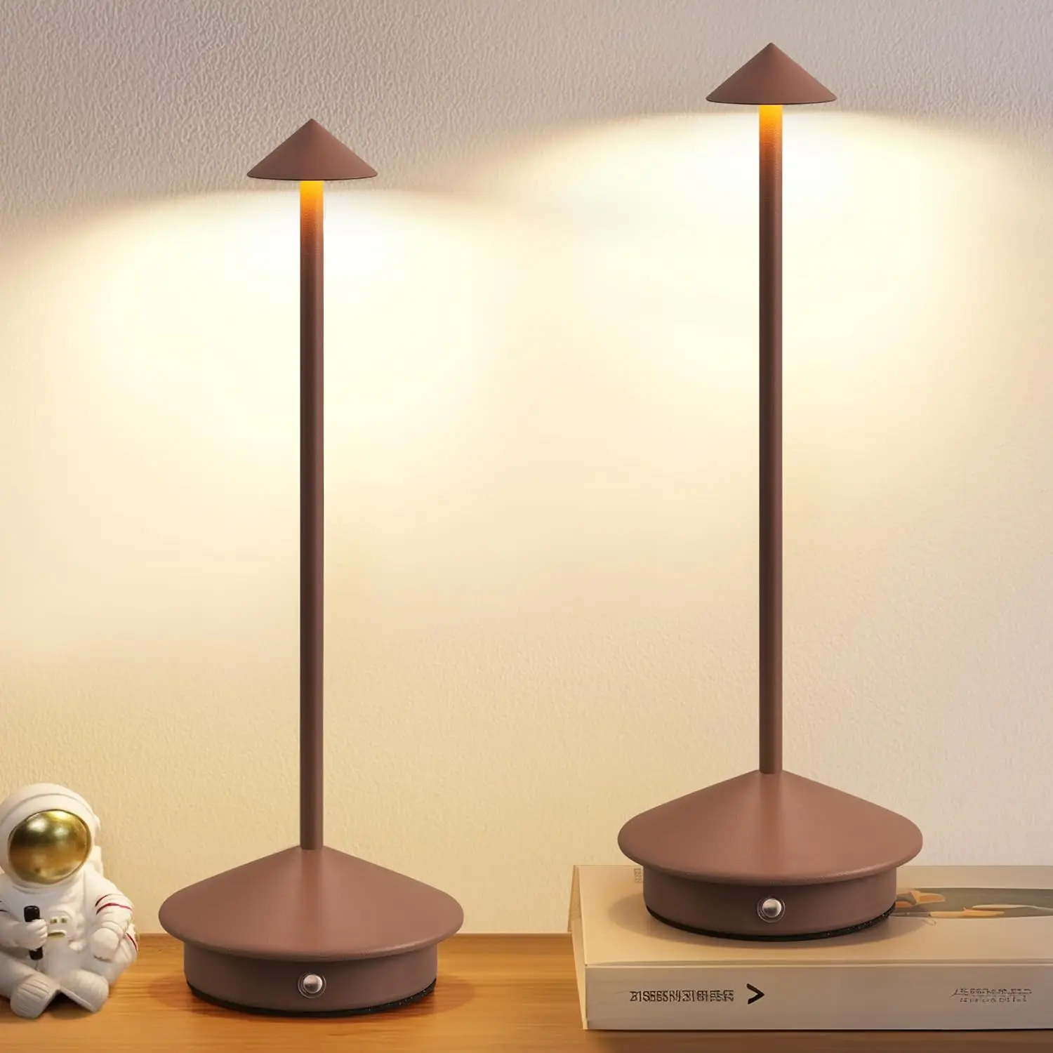 2-Pack Modern Cordless LED Table Lamps, Metal Body, Touch Switch, 5000mAh Rechargeable Battery-Operated Portable Led Lights for Bedroom, Camping (Brown)