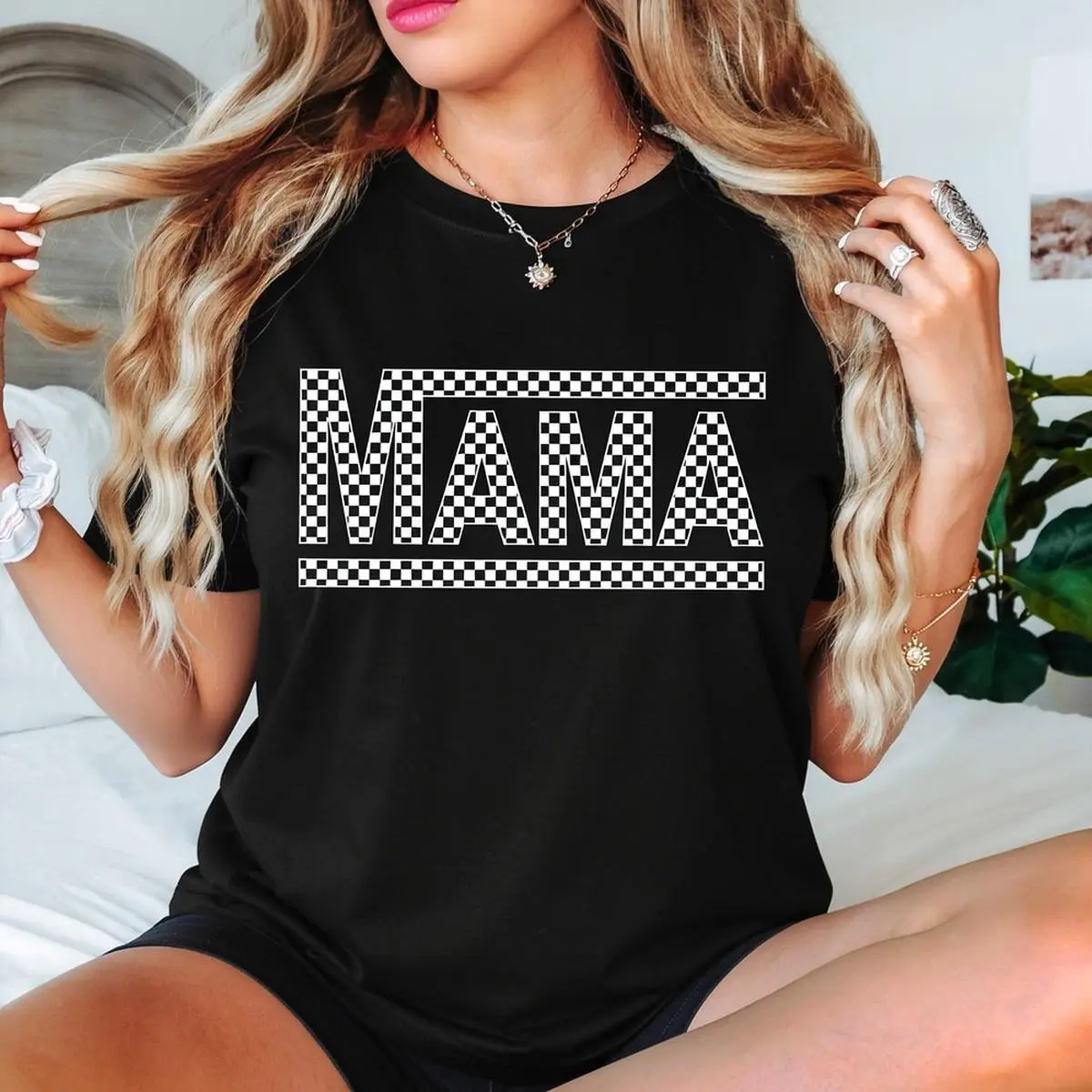 Cotton Short Sleeve  T-Shirt Checkered Mama Tee - Mother’s Day T-Shirt with Checkered Pattern and Classic Round Design, Perfect Gift for Mom