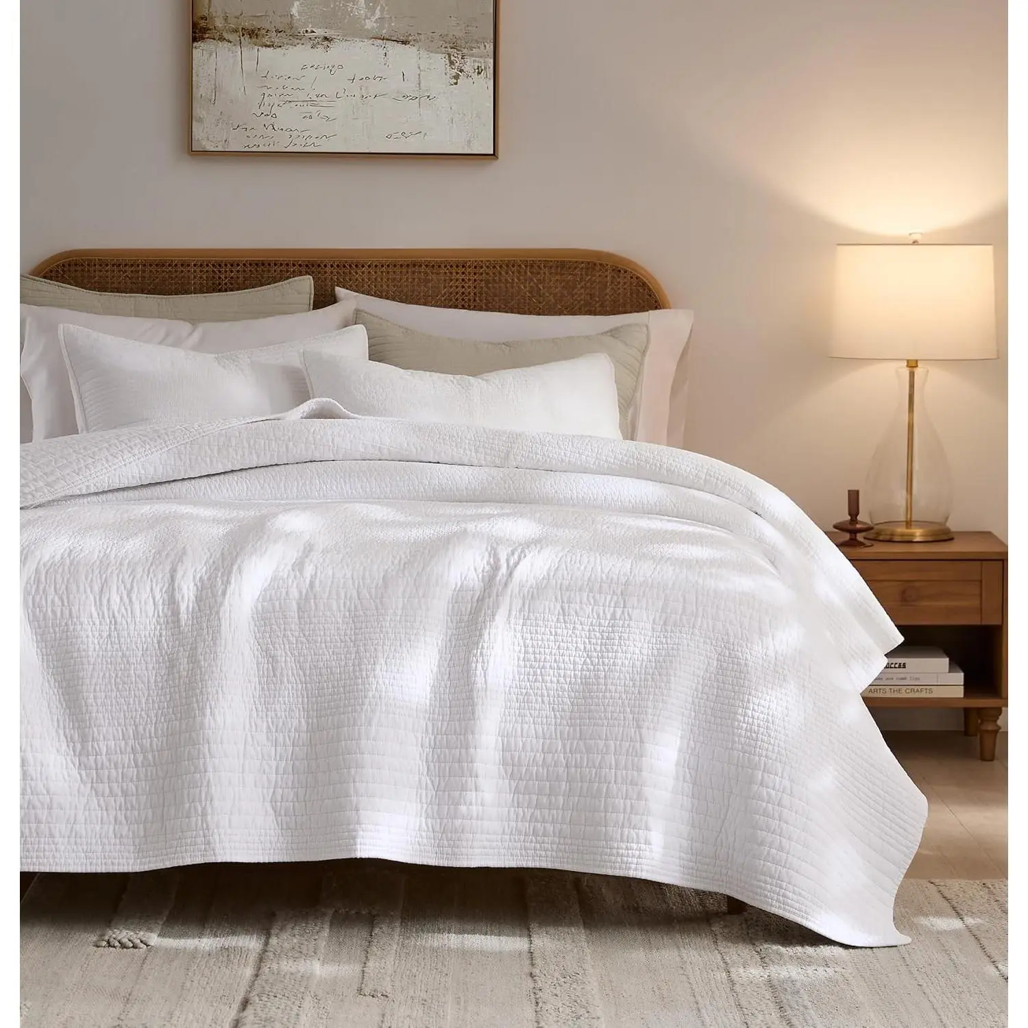 Queen Size 100% Cotton Striped White Bedding Set - Lightweight Crinkly Channel Pick Stitch Textured Bedspread, Shabby Chic Farmhouse Country Coverlet with 2 Shams for All Seasons