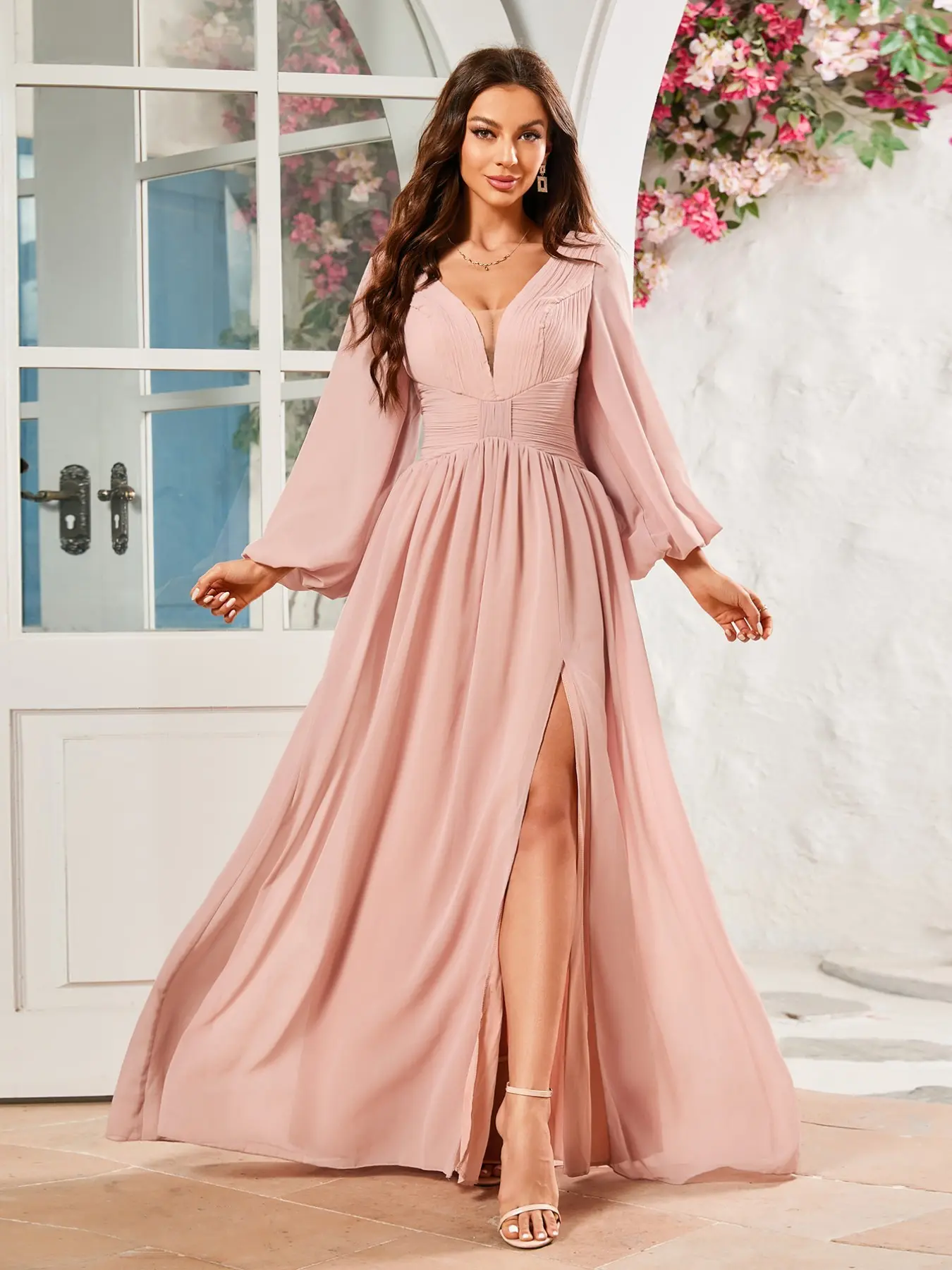 V Neck Long Sleeve Chiffon Dress, Slim-Fitting High Split Evening Gown, Elegant Plain Surface Design, Perfect for All Seasons, Chic