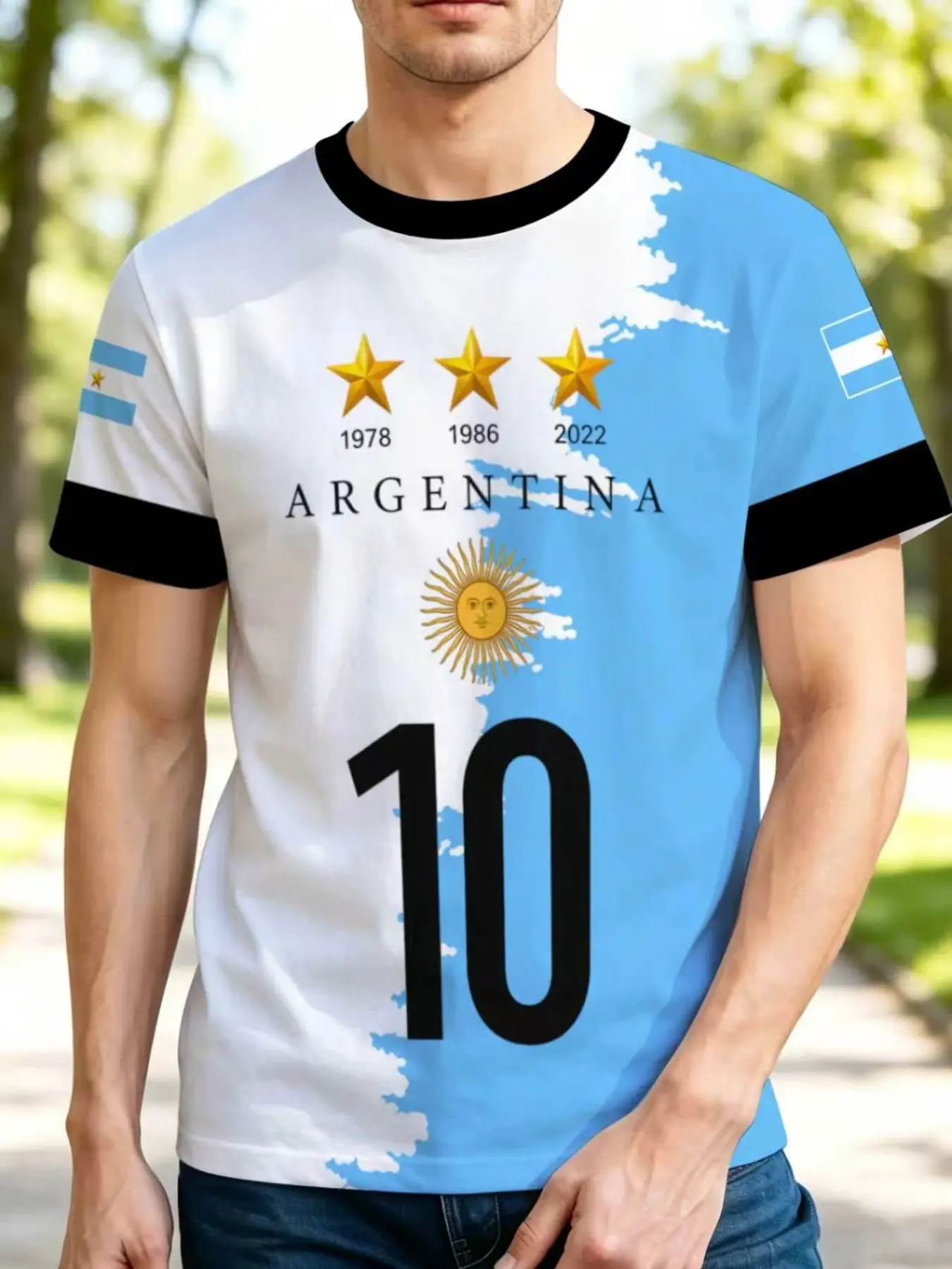 Men's Casual Fashion Activewear, Sports Clothing, Casual Workout Shirts, Fitted Short Sleeve Round Neck Sporty T-Shirt, Athletic Tee, Argentina Flag Print, Lightweight Breathable Fabric, All-Season Wear