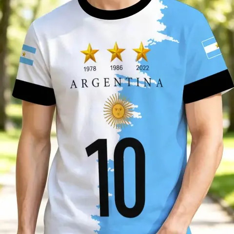 Men's Casual Fashion Activewear, Athletic Apparel, Sports Clothing, Casual Workout Shirts, Fitted Short Sleeve Round Neck Sporty T-Shirt, Athletic Tee, Argentina Flag Print, Lightweight Breathable Fabric, All-Season Wear