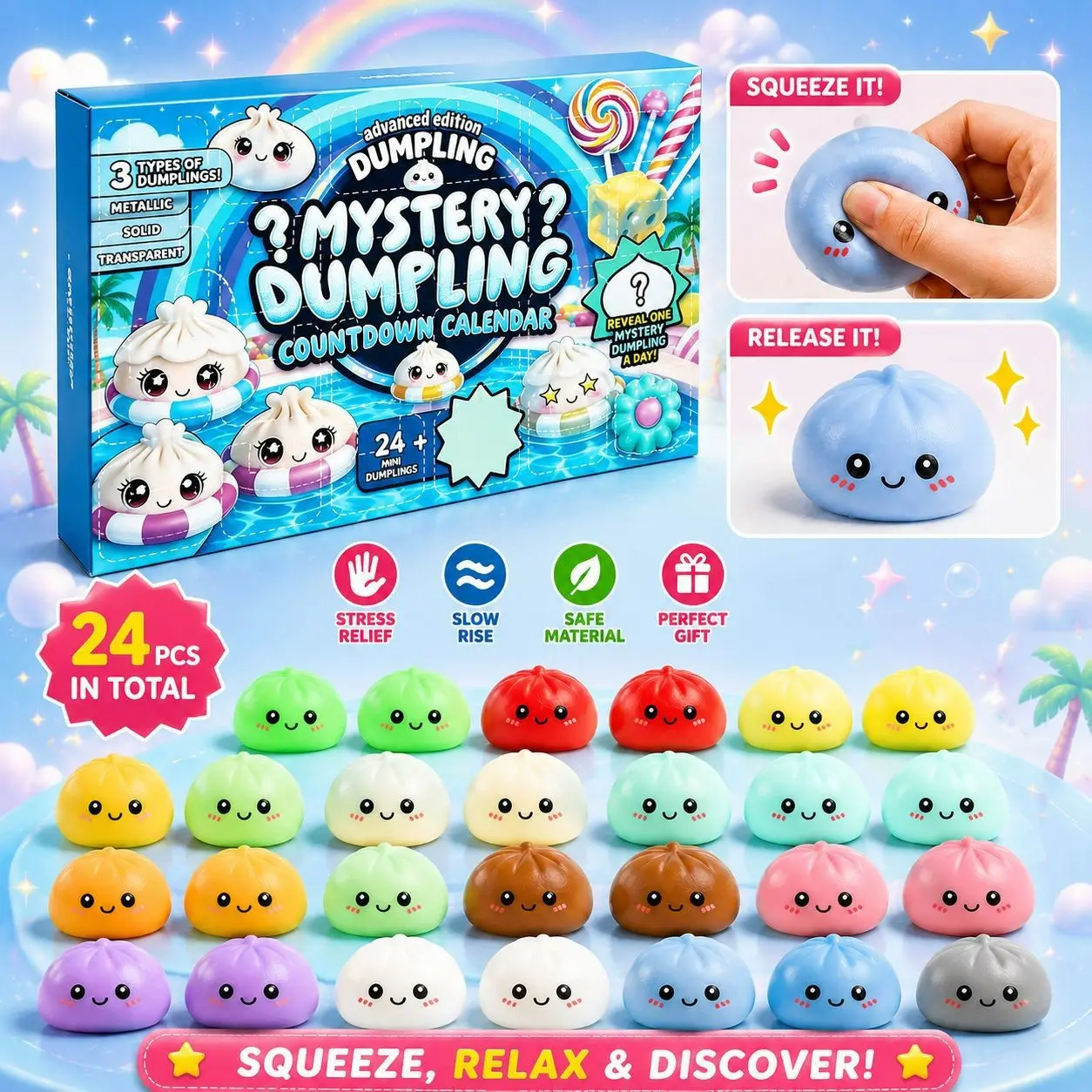 24 Mini Glitter Dumpling Countdown Calendar Blind Box, Colorful Stress Relief Toys, Perfect for Parties and Gifts