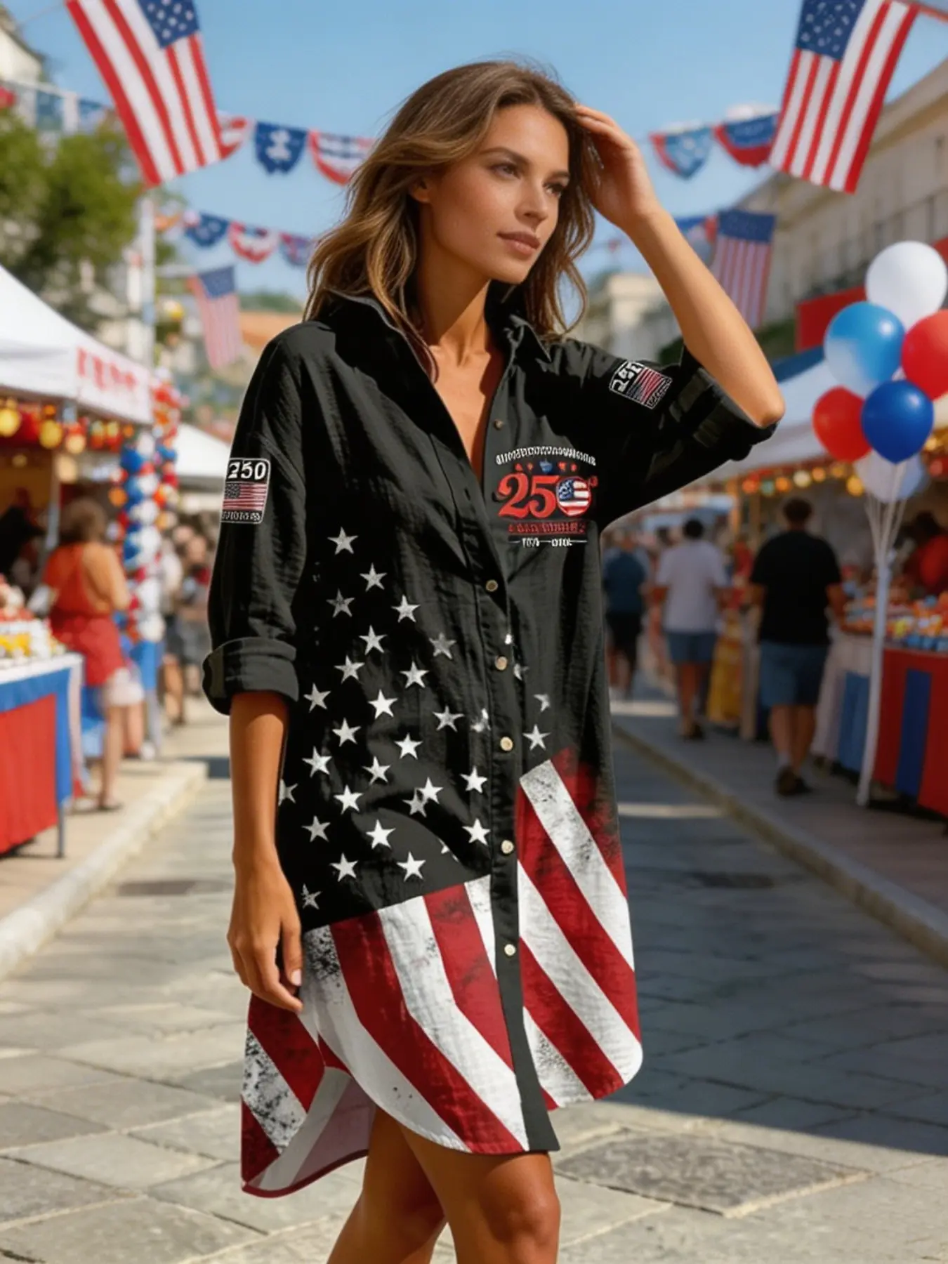 250th Anniversary Lapel Button Front Loose Fit Collared Dress, Buttoned Dress, American Flag All over Print Shirt Dress, Casual Mid-Length Women's Casual Dresses