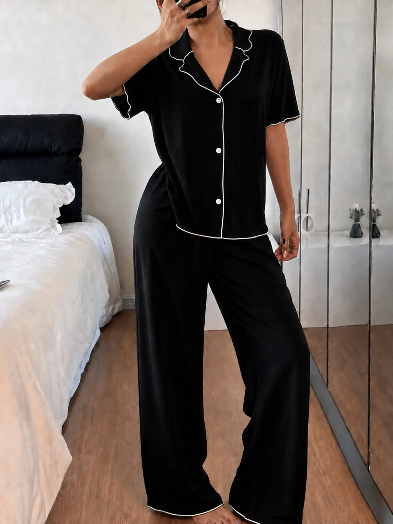 Pink Pajama Set with Wavy Collar & Black Trim | Elegant & Minimalist & Chic Aesthetic | Short Sleeve & Long Pants | Lightweight Waffle Texture | Versatile Casual Sleepwear Loungewear Nightwear Pjs