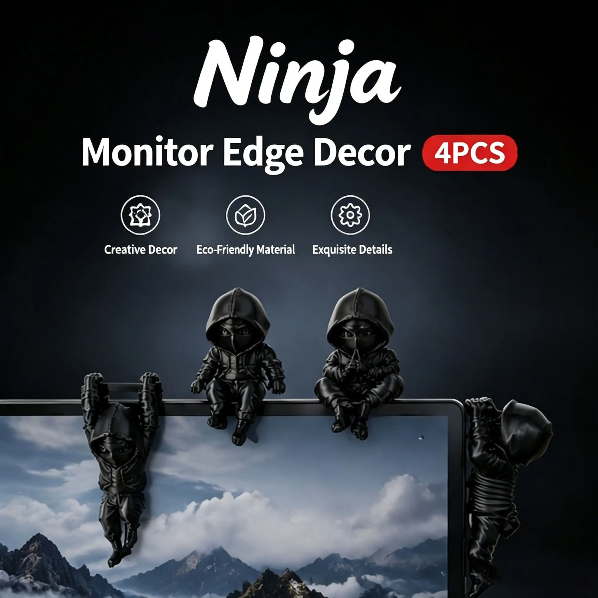 4 Mini Ninja Monitor Edge Decorations, Eco-Friendly Pla 3D Printed Screen Climbing Figures, Cool Desktop Accessories for Gamers and Office Workers