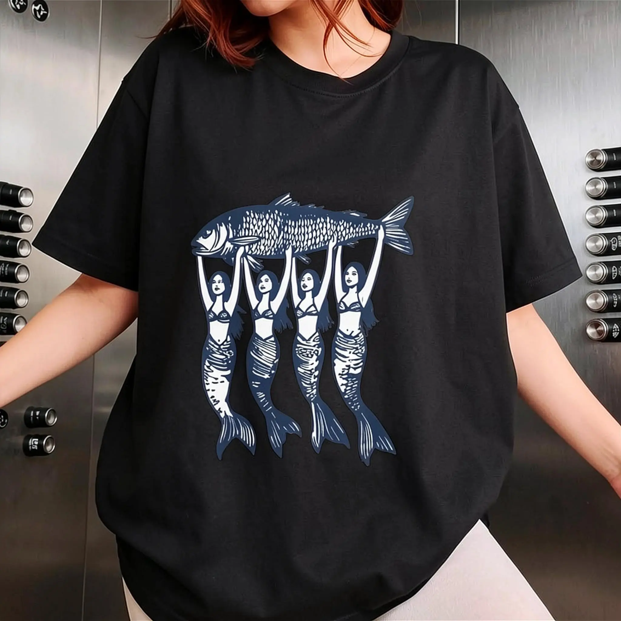 Womens Cotton Short Sleeve Graphic Tee Vintage Coastal Mermaid Fish Print Soft Crewneck Summer Beach Vacation Casual Everyday Streetwear Top