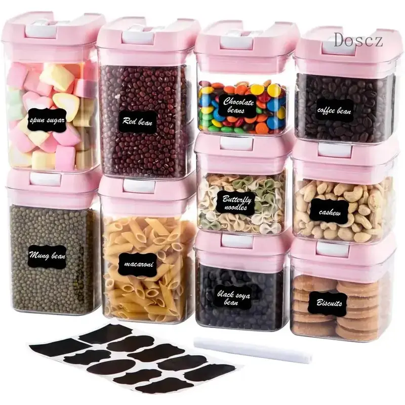Plastic Storage Containers Set - 10x0.5L Durable Cereal Canisters with Sealed Lids, Stackable Bins for Pantry Organization, Baking Supplies, Labels & Marker (Pink, Hand Wash)