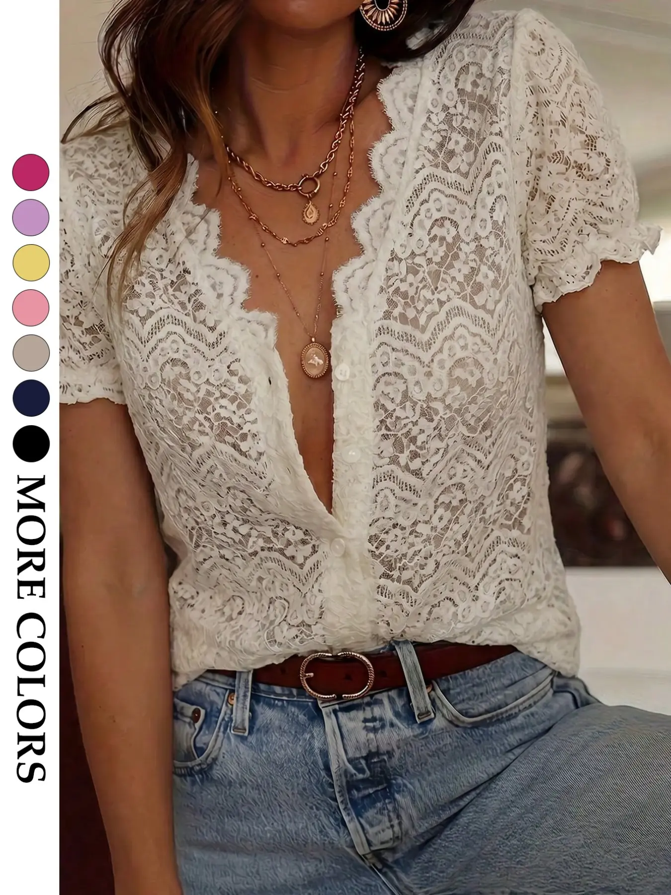 Women's French Vintage Lace Cutout Shirt, V Neck Wavy Edge Button Short Sleeve Top, Summer Commute Date Dressy Blouse