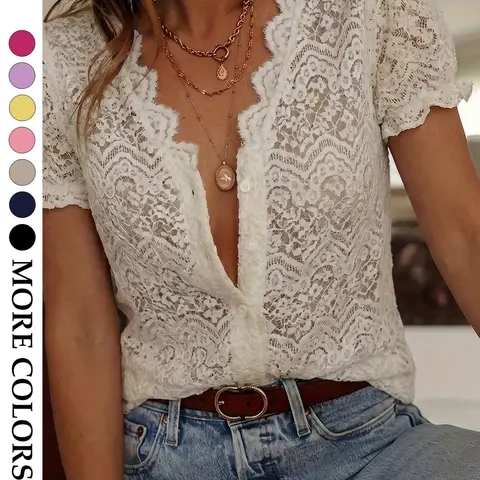 Women's Vintage Country Style Lace Blouse, Fashion Fitted Blouse, Soft Breathable Slim Fit Short Sleeve Top, Deep V Wave Edge Bubble Sleeve Button Front Shirts