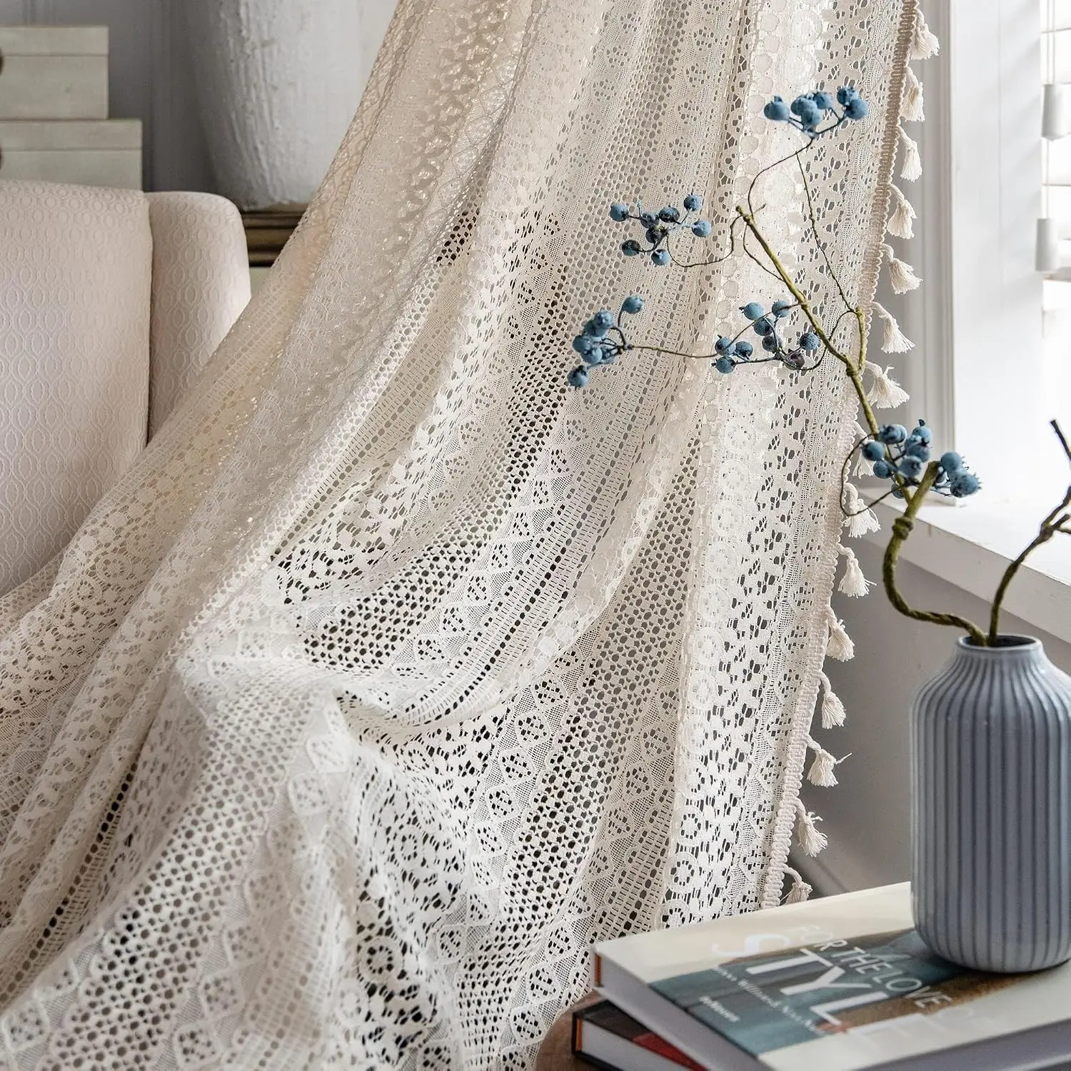 Crochet Boho Lace Sheer Curtains Macrame Farmhouse 84 Inches Length Long Beige Vintage Bohemian Bedroom Curtains 2 Panels Set for Living Room (59Wx84L, Beige)