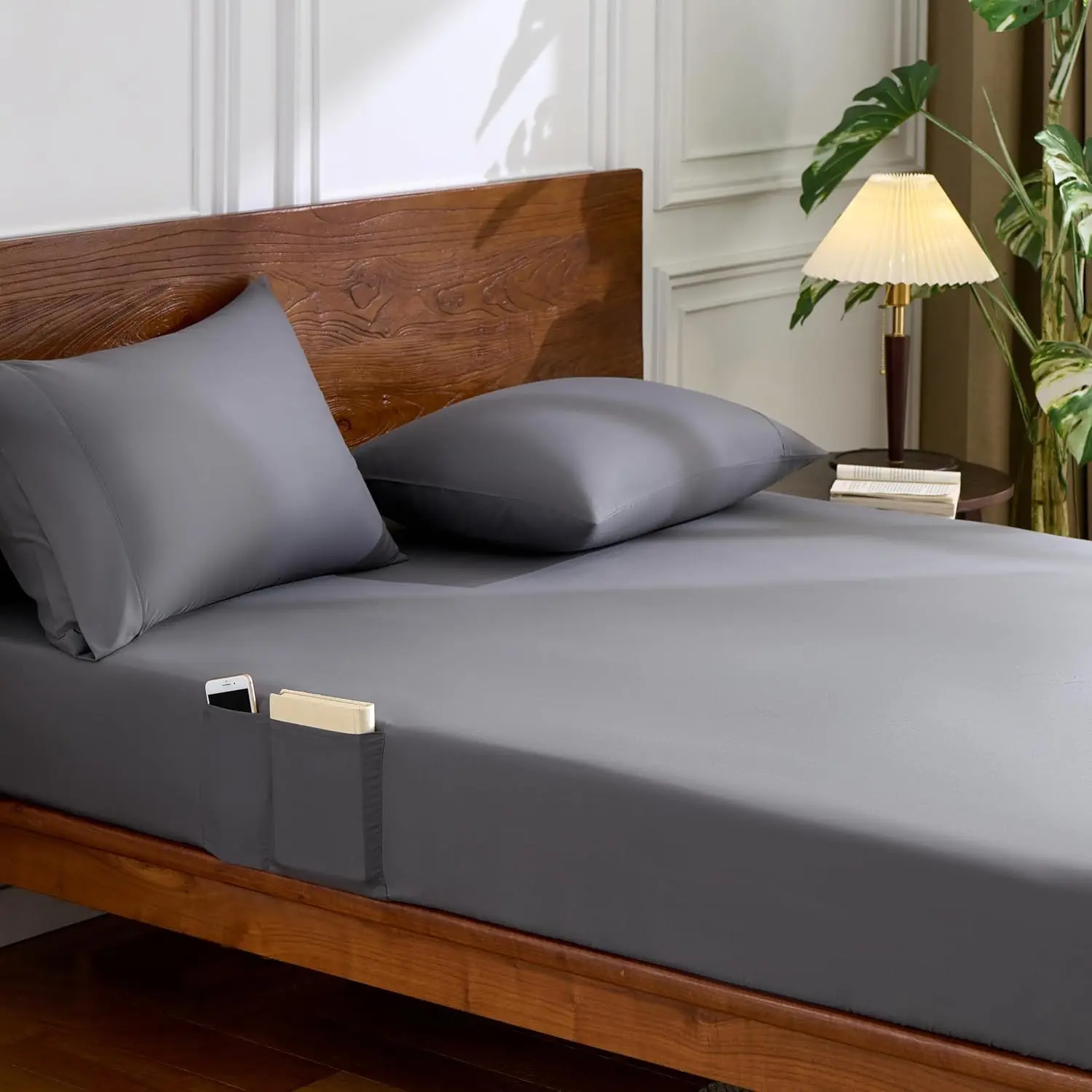 Twin Fitted Sheet with Double-Sided Pockets, Grey, 14" Deep Pocket, Ultra Soft Microfiber, Wrinkle-Free, Fade-Resistant, Machine Wash