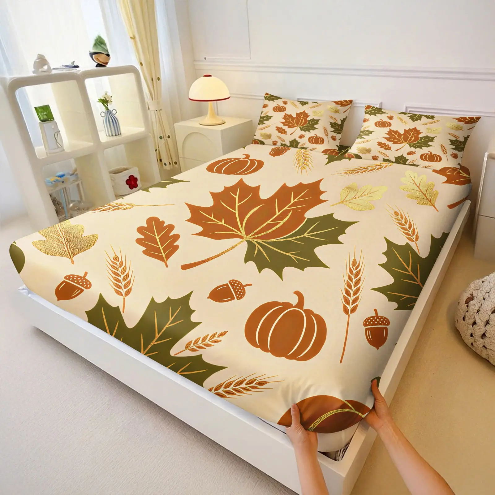 3Pcs Harvest Festival Fitted Sheet Set, pumpkin maple full print, wide elastic anti-slip mattress cover