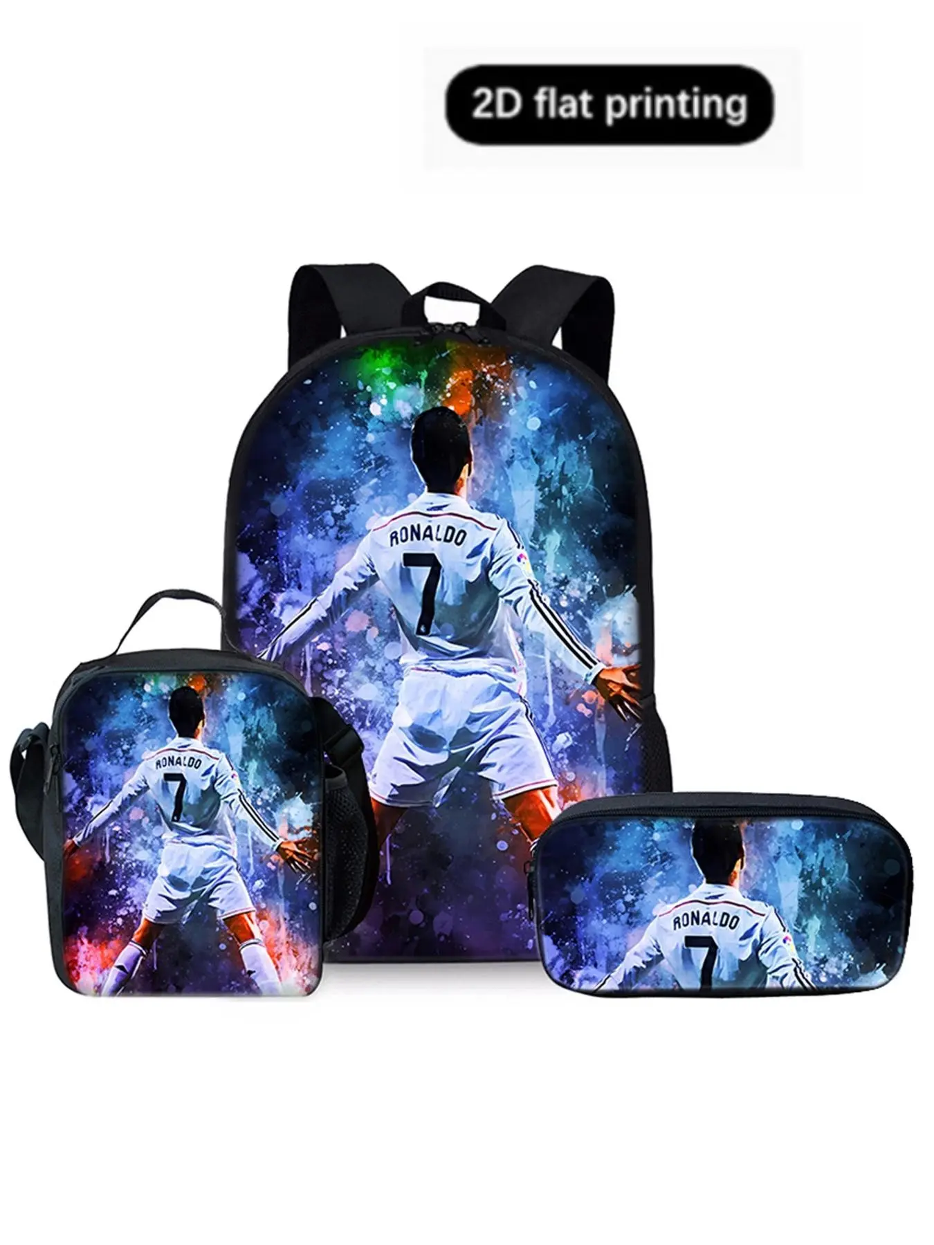 Football Player 2D Cartoon Print 17 Inch Backpack Set, Casual All-Seasons Backdrop, Single Layer Backpack + Shoulder Lunch Bag + Pen Pouch