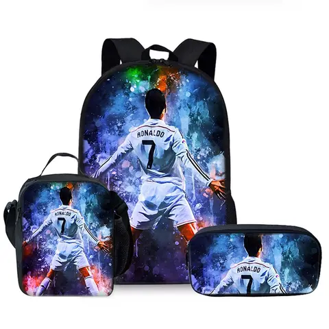 Football Player 2D Cartoon Print 17 Inch Backpack Set, Casual All-Seasons Backdrop, Single Layer Backpack + Shoulder Lunch Bag + Pen Pouch