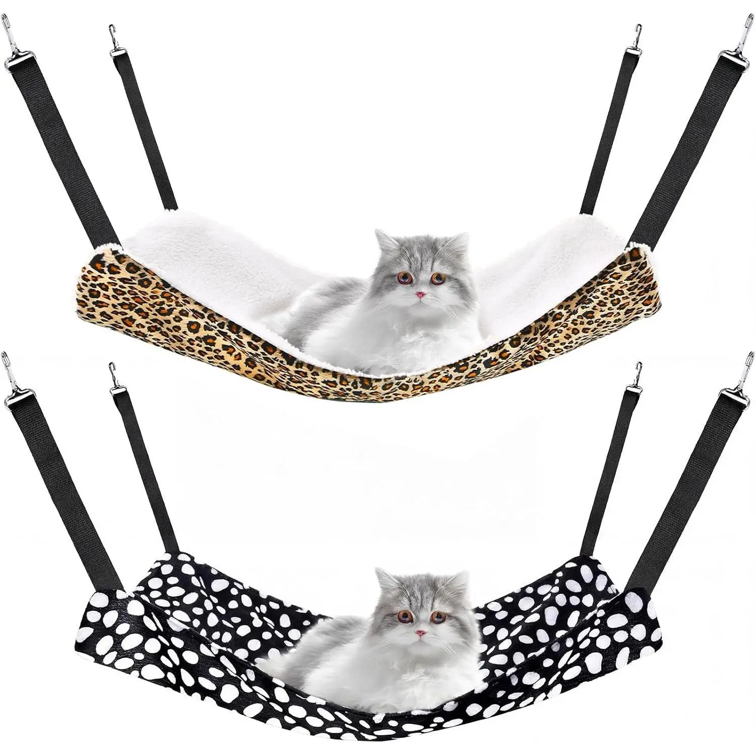 Double Pack Cat Hammock Bed for Cage - Catio Accessories, Reversible Soft Fleece Linen Hanging Bed with Adjustable Straps and Hooks, Medium Size for Cats, Kittens (Leopard and Dot)