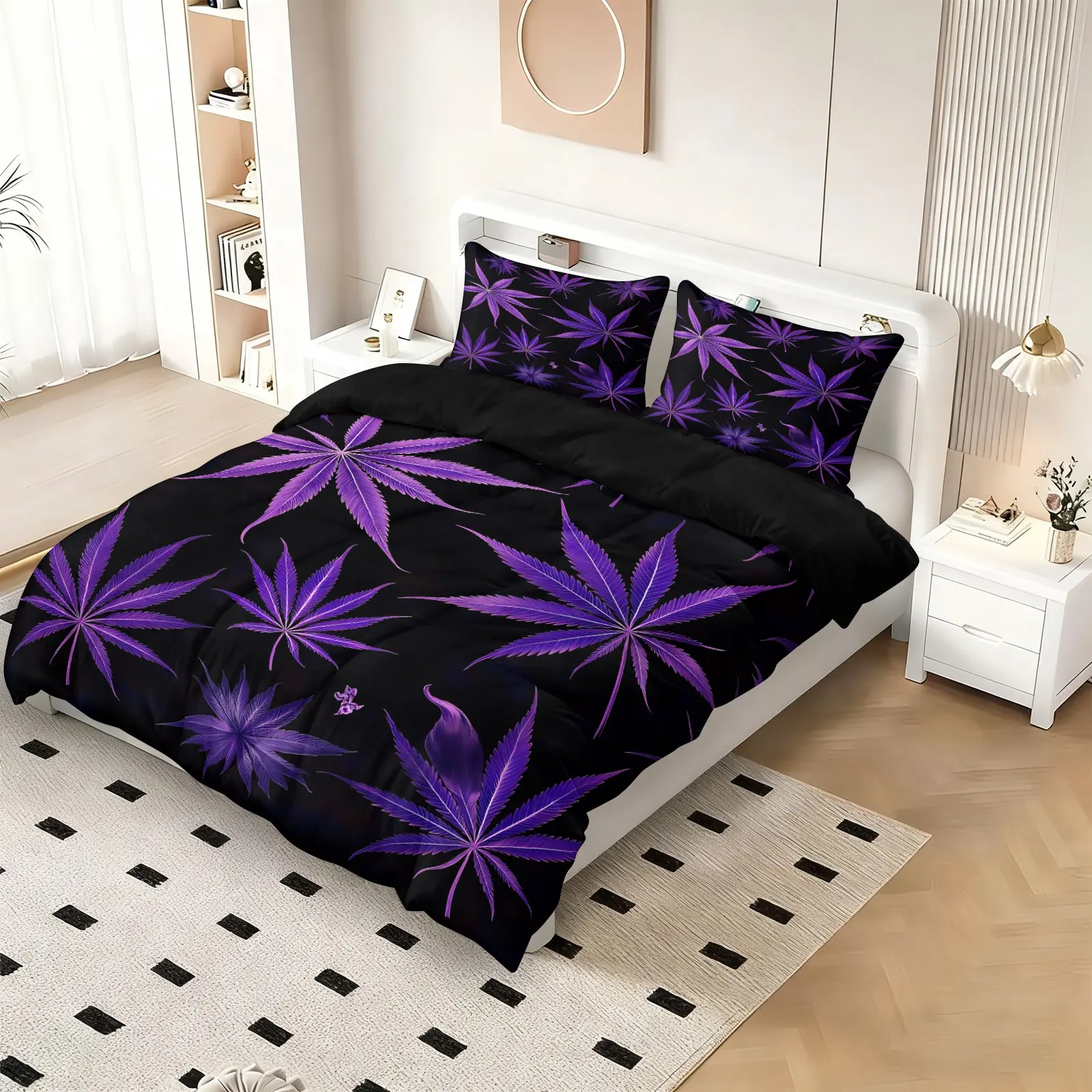 Cool Purple Palm Leaf Graphic Duvet Cover Set, Include 1 Quilt Cover and 1/2 Pillowcases, Dark Base Tropical Plant Pattern Comforter Cover, Black Inner Liner Design Stylish Dark Tone Bedding