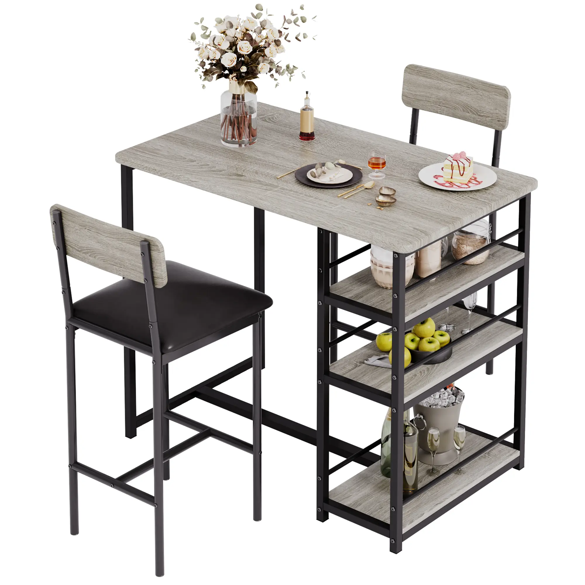 Garvee Counter Height Dining Table Set for 2 – 3-Piece Pub Bar Table with 3 Storage Shelves & 2 Upholstered Chairs, Space-Saving, Grey / Gold+Velvet Gray