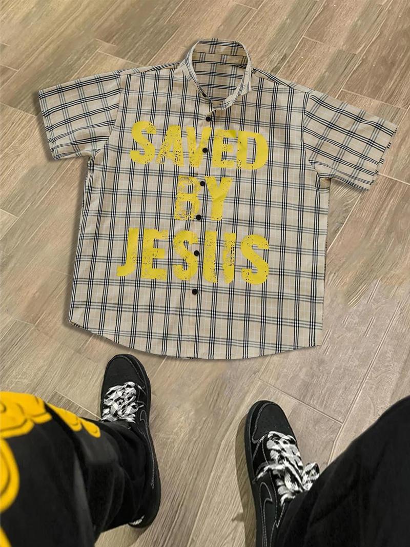 Men's Letter Print Short Sleeve Button Front Shirt, Regular Fit Casual Street Soft Comfy Collared Top for Daily Wear, Men's Clothes for All Seasons